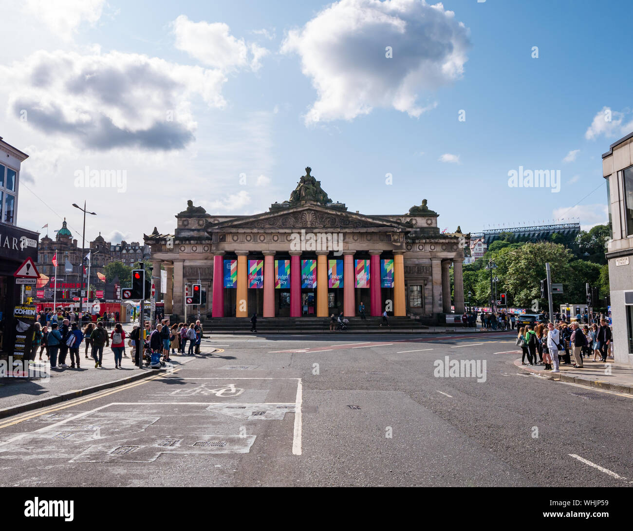 National Gallery, Princes Street with Bridge Riley exhibition banners, Edinburgh, Scotland, UK Stock Photo