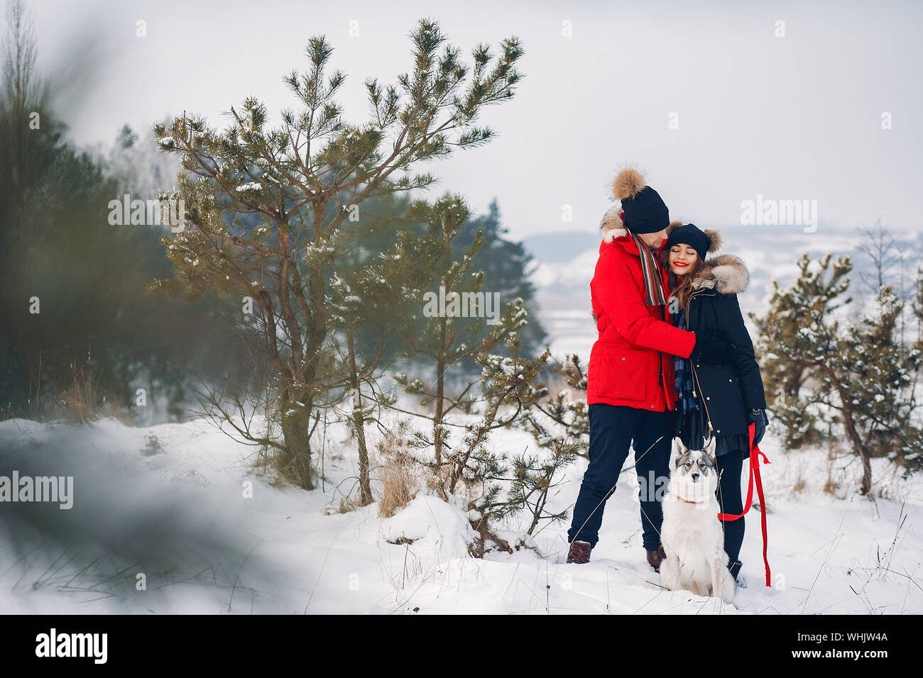 Beautiful couple playing with a dog Stock Photo - Alamy