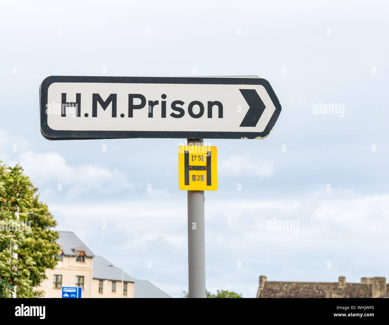 HMP Prison jail signpost directions, Edinburgh, Scotland, UK Stock Photo
