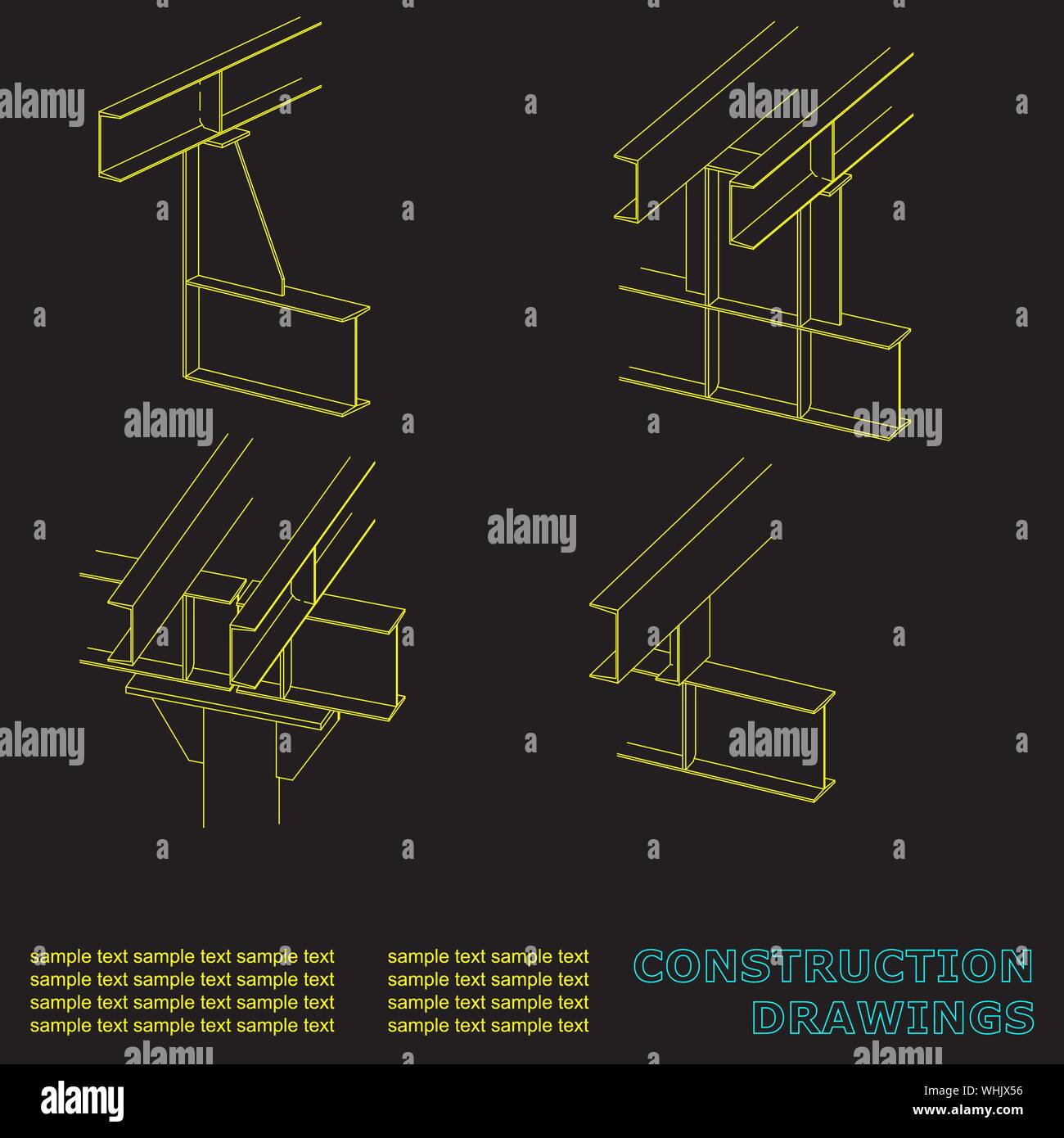 Construction drawings. 3D metal construction. The beams and columns. Cover, background for