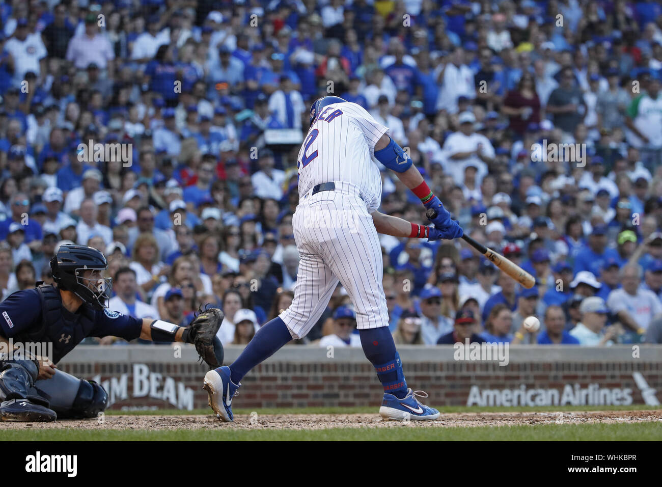 Chicago, United States. 02nd Sep, 2019. Chicago Cubs left fielder Kyle Schwarber hits a three-run triple against the Seattle Mariners in the seventh inning at Wrigley Field on Monday, September 2, 2019 in Chicago. Photo by Kamil Krzaczynski/UPI Credit: UPI/Alamy Live News Stock Photo