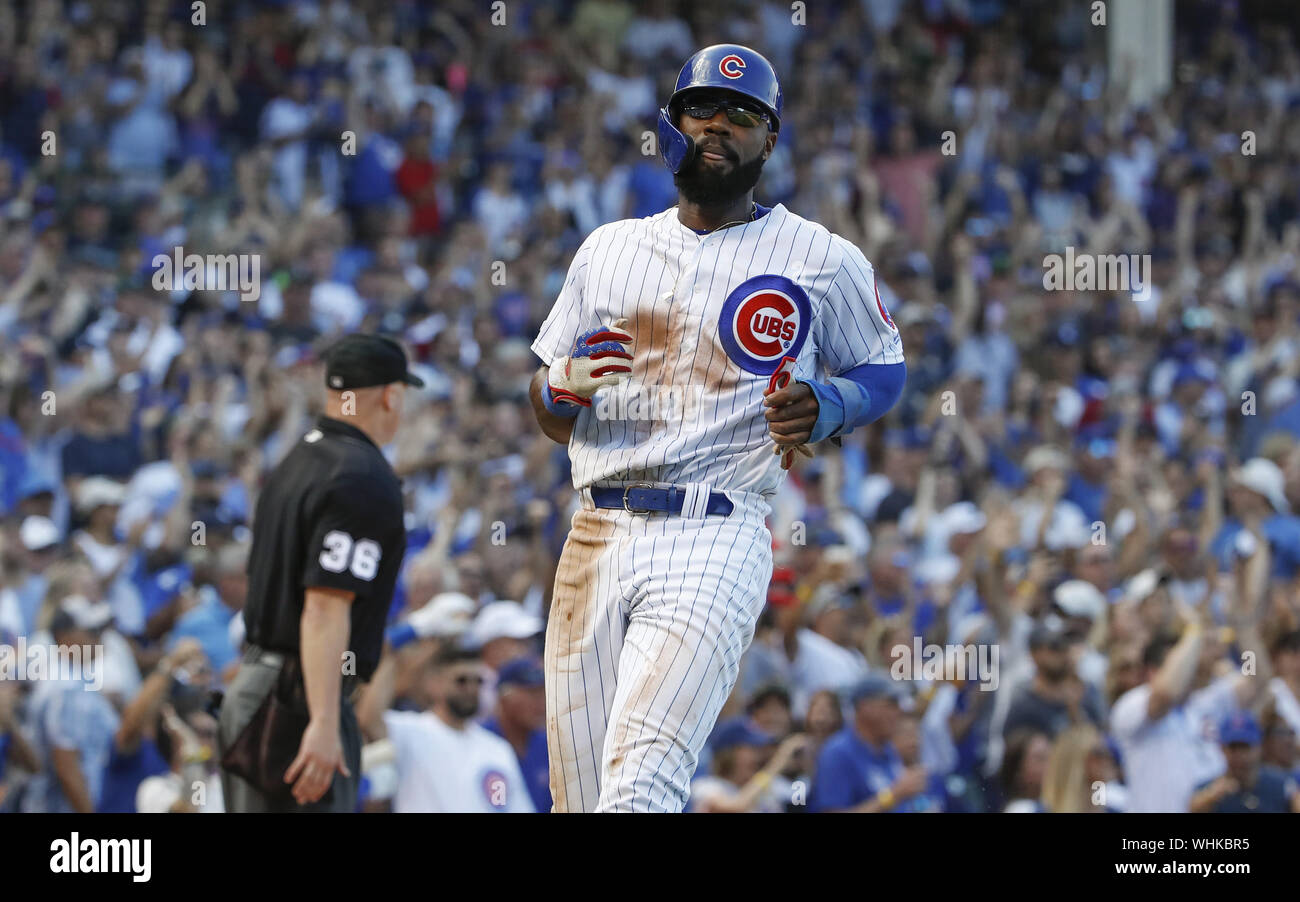 Chicago, United States. 02nd Sep, 2019. Chicago Cubs right fielder Jason Heyward reacts after scoring on a single hit by first baseman Anthony Rizzo in the seventh inning at Wrigley Field on Monday, September 2, 2019 in Chicago. Photo by Kamil Krzaczynski/UPI Credit: UPI/Alamy Live News Stock Photo