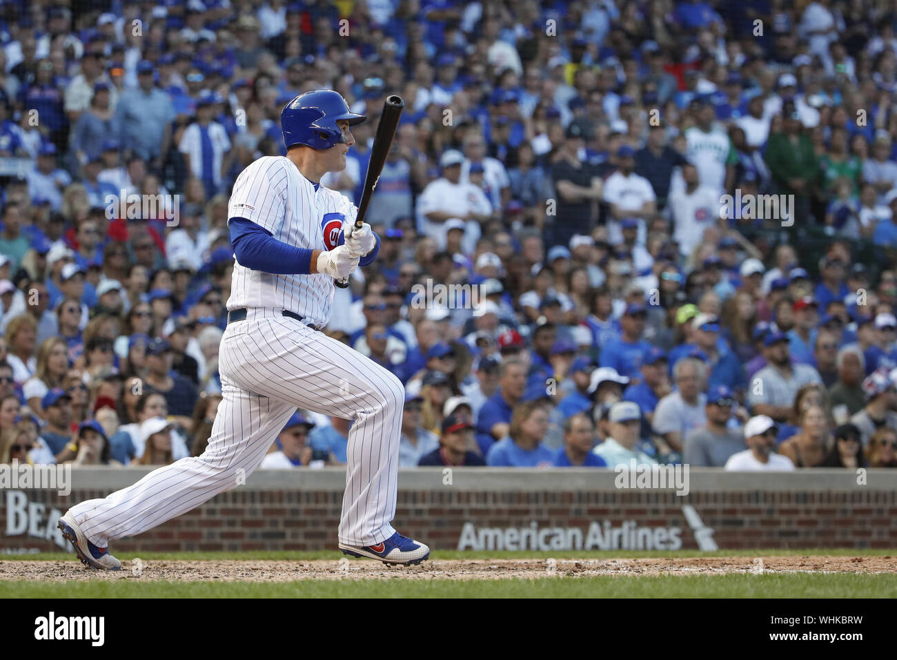 Chicago, United States. 02nd Sep, 2019. Chicago Cubs first baseman Anthony Rizzo hits an RBI-single against the Seattle Mariners in the seventh inning at Wrigley Field on Monday, September 2, 2019 in Chicago. Photo by Kamil Krzaczynski/UPI Credit: UPI/Alamy Live News Stock Photo