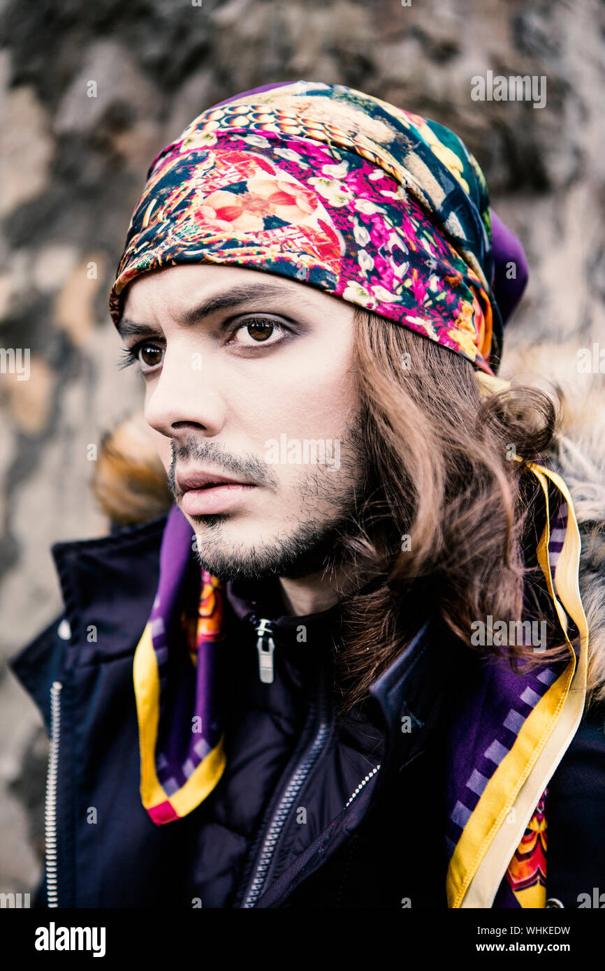 Man long hair bandana hi-res stock photography and images - Alamy