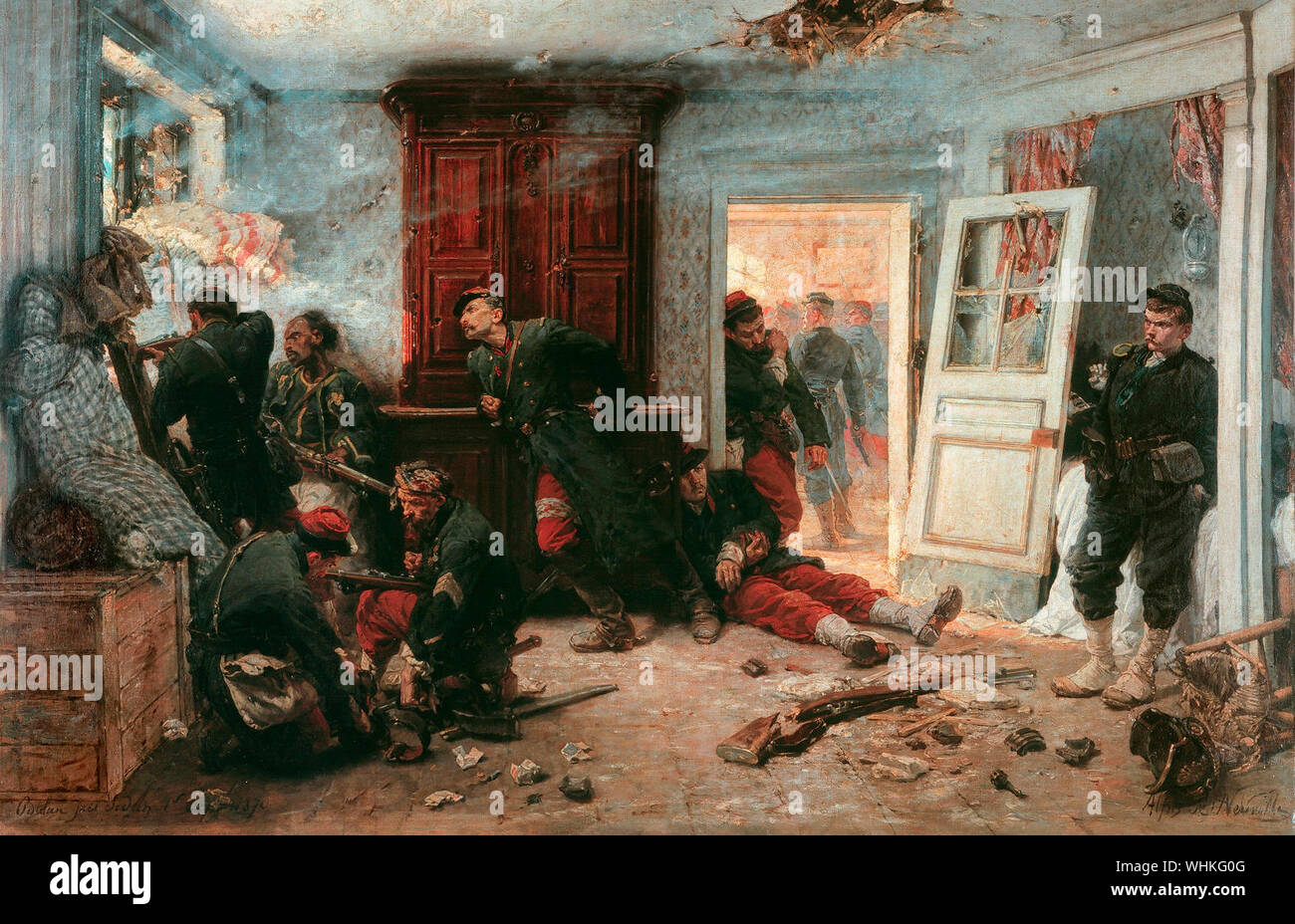 Les dernières cartouches (The last cartridges). French snipers ambush Bavarian troops, hiding in the l'Auberge Bourgerie in Bazeilles, prior to the Battle of Sedan during the Franco-Prussian War in 1870. Painting by Alphonse-Marie-Adolphe de Neuville, 1873 Stock Photo