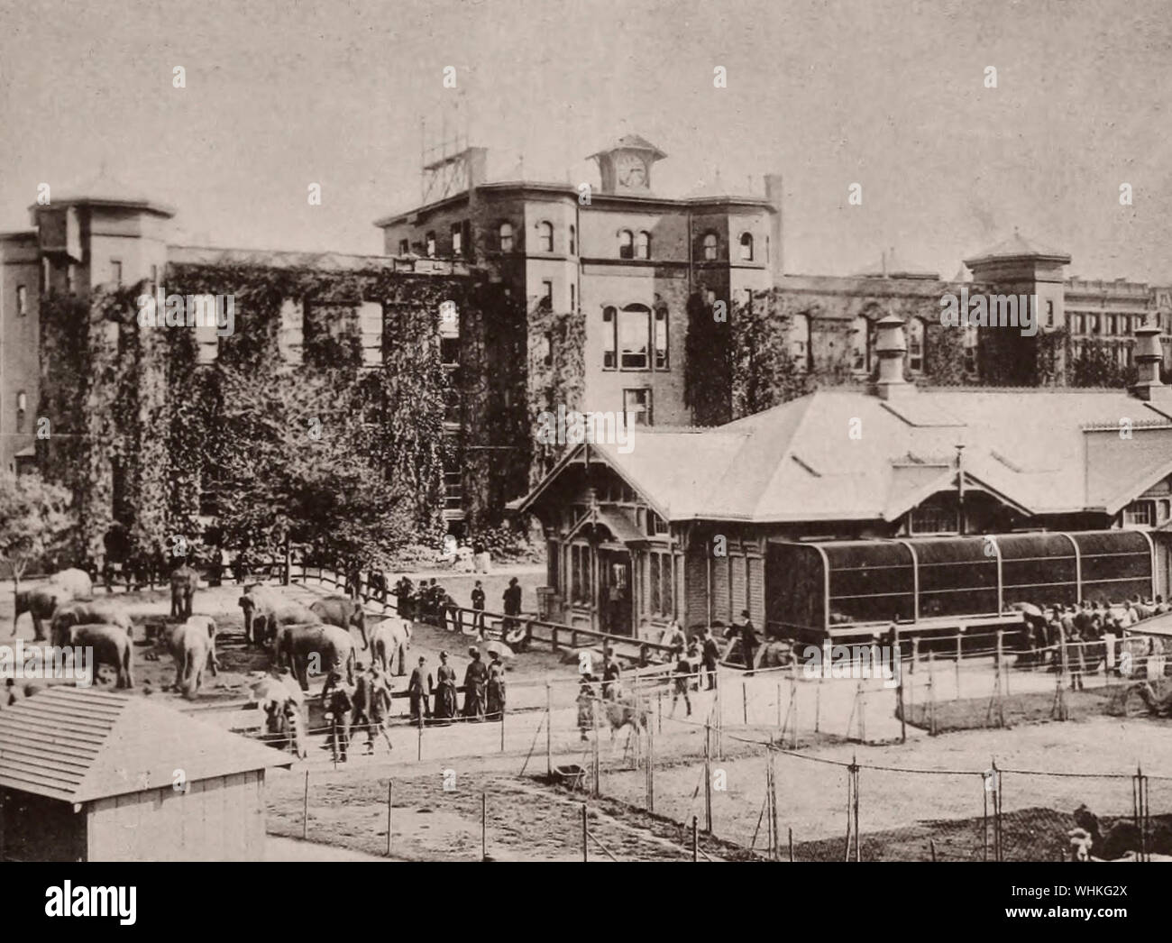 Old Arsenal and Zoological Gardens - Central Park, New York City, circa 1891 Stock Photo