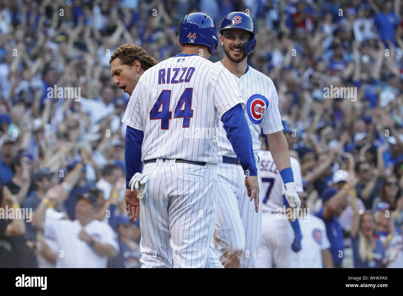 Chicago, United States. 02nd Sep, 2019. Chicago Cubs outfielder Albert Almora Jr. (L) celebrates with first baseman Anthony Rizzo (C) and third baseman Kris Bryant (R) after they scored against the Seattle Mariners in the seventh inning at Wrigley Field on Monday, September 2, 2019 in Chicago. Photo by Kamil Krzaczynski/UPI Credit: UPI/Alamy Live News Stock Photo