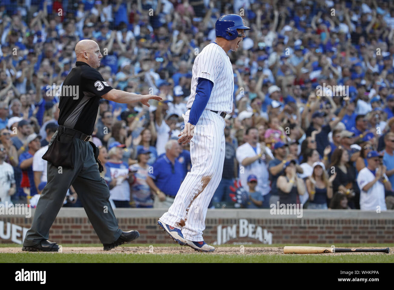 Chicago, United States. 02nd Sep, 2019. Chicago Cubs first baseman Anthony Rizzo react after scoring against the Seattle Mariners in the seventh inning at Wrigley Field on Monday, September 2, 2019 in Chicago. Photo by Kamil Krzaczynski/UPI Credit: UPI/Alamy Live News Stock Photo