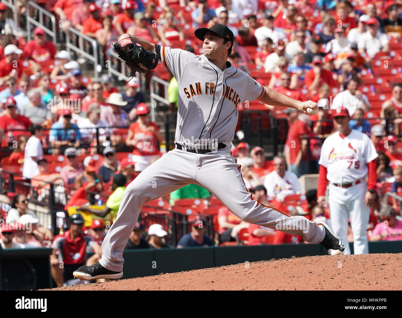 St. Louis, United States. 02nd Sep, 2019. San Francisco Giants pitcher Andrew Suarez delivers a pitch to the St. Louis Cardinals in the fifth inning at Busch Stadium in St. Louis on Monday, September 2, 2019. St. Louis defeated San Francisco 3-1. Photo by Bill Greenblatt/UPI Credit: UPI/Alamy Live News Stock Photo