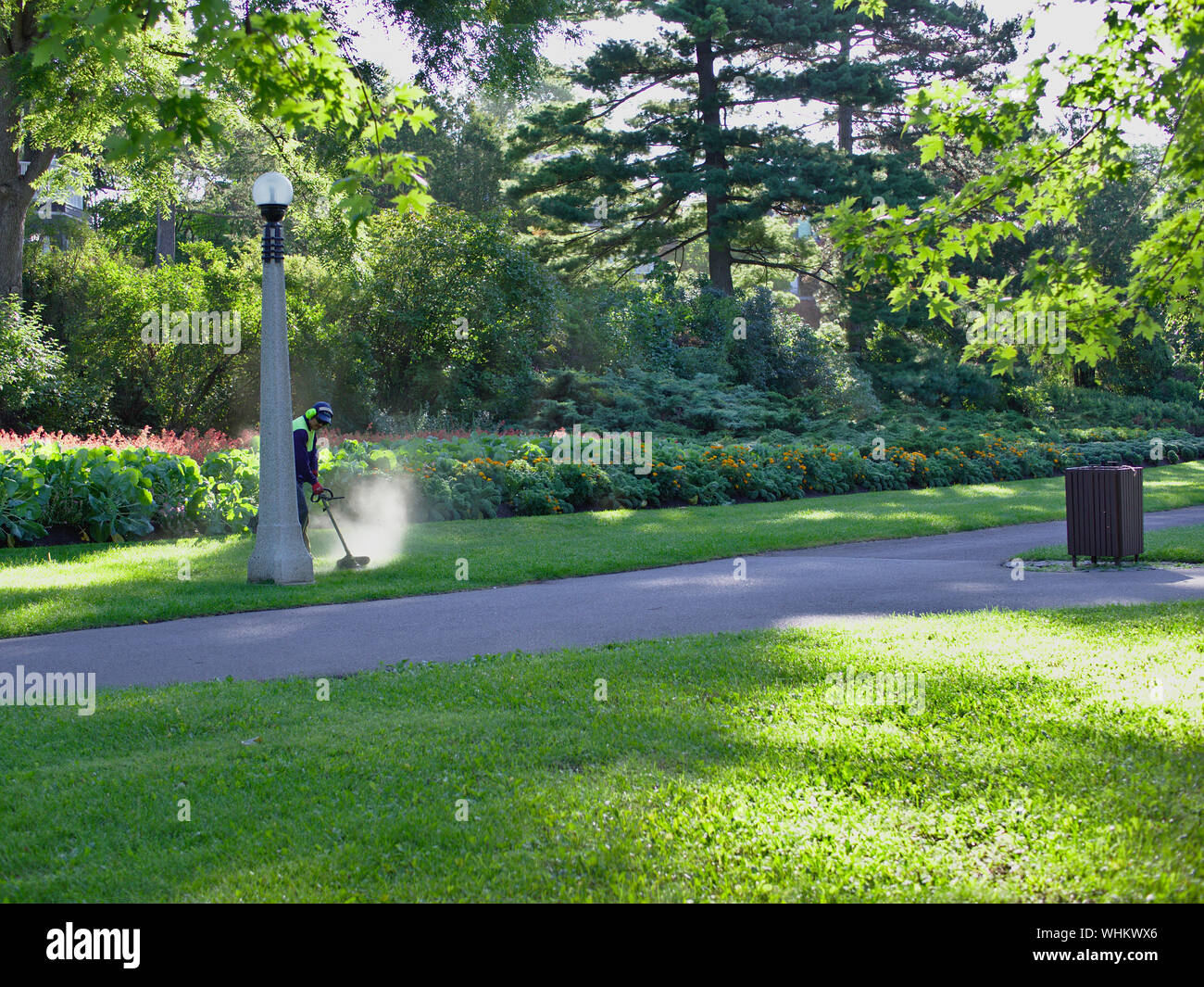 Parks maintenance contractor strimming the lawn early on a bright Summer morning, Commissioners Park, Ottawa, Ontario, Canada. Stock Photo