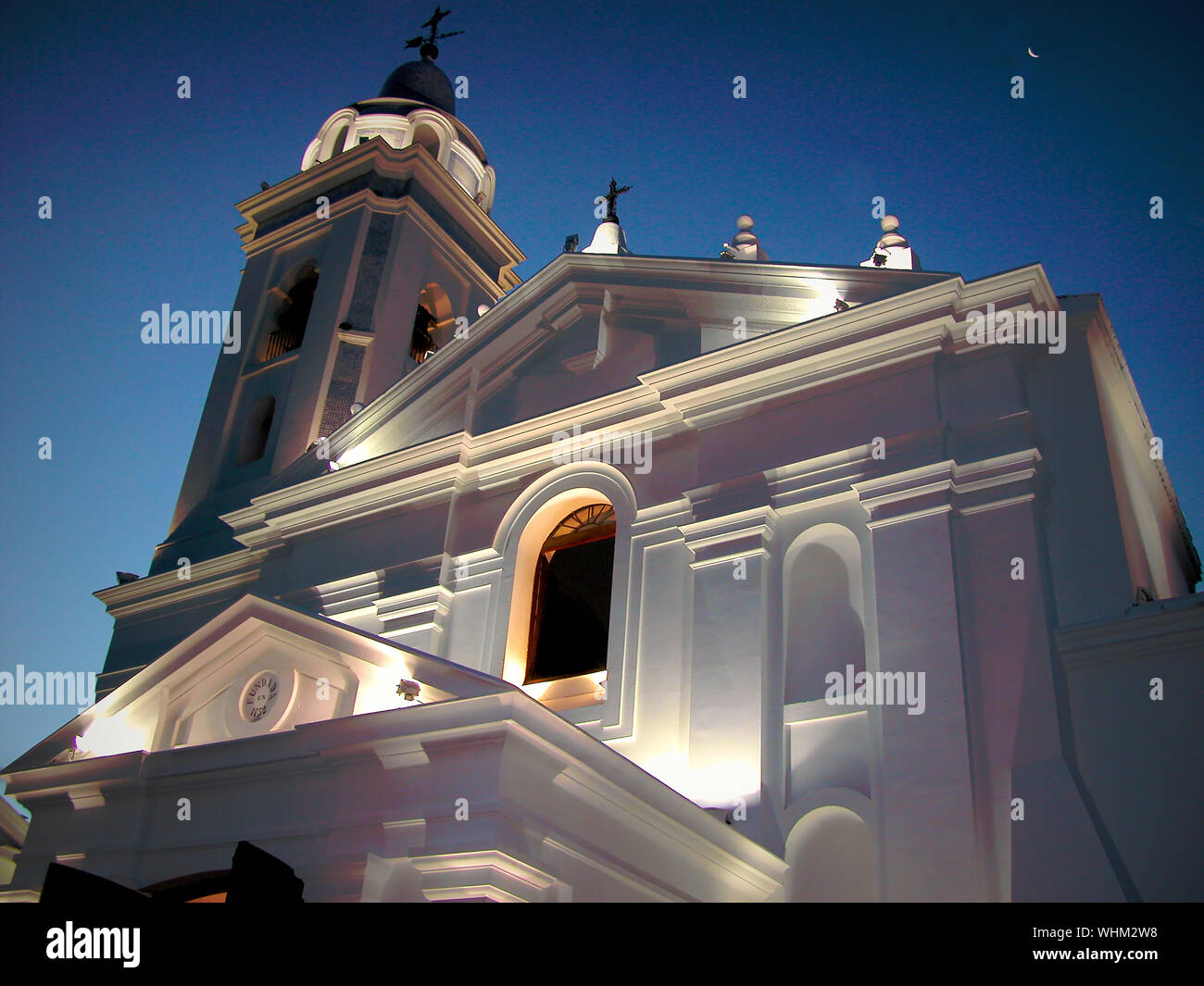 A view of the front facade of Basilica of Our Lady of the Pillar at twilight. The church is in Recoleta, Buenos Aires, Argentina Stock Photo