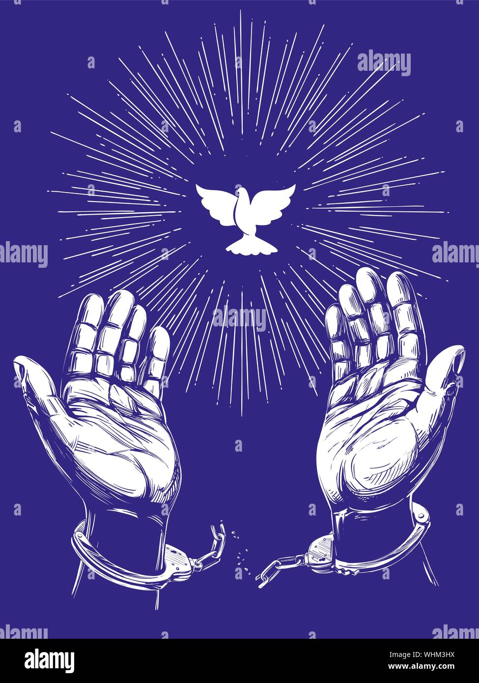 pix Praying Hands With Handcuffs Meaning https www alamy com christian symbol dove with bright rays hands break the chain handcuffs a symbol of freedom and forgiveness icon hand drawn vector illustration sketc image269046566 html