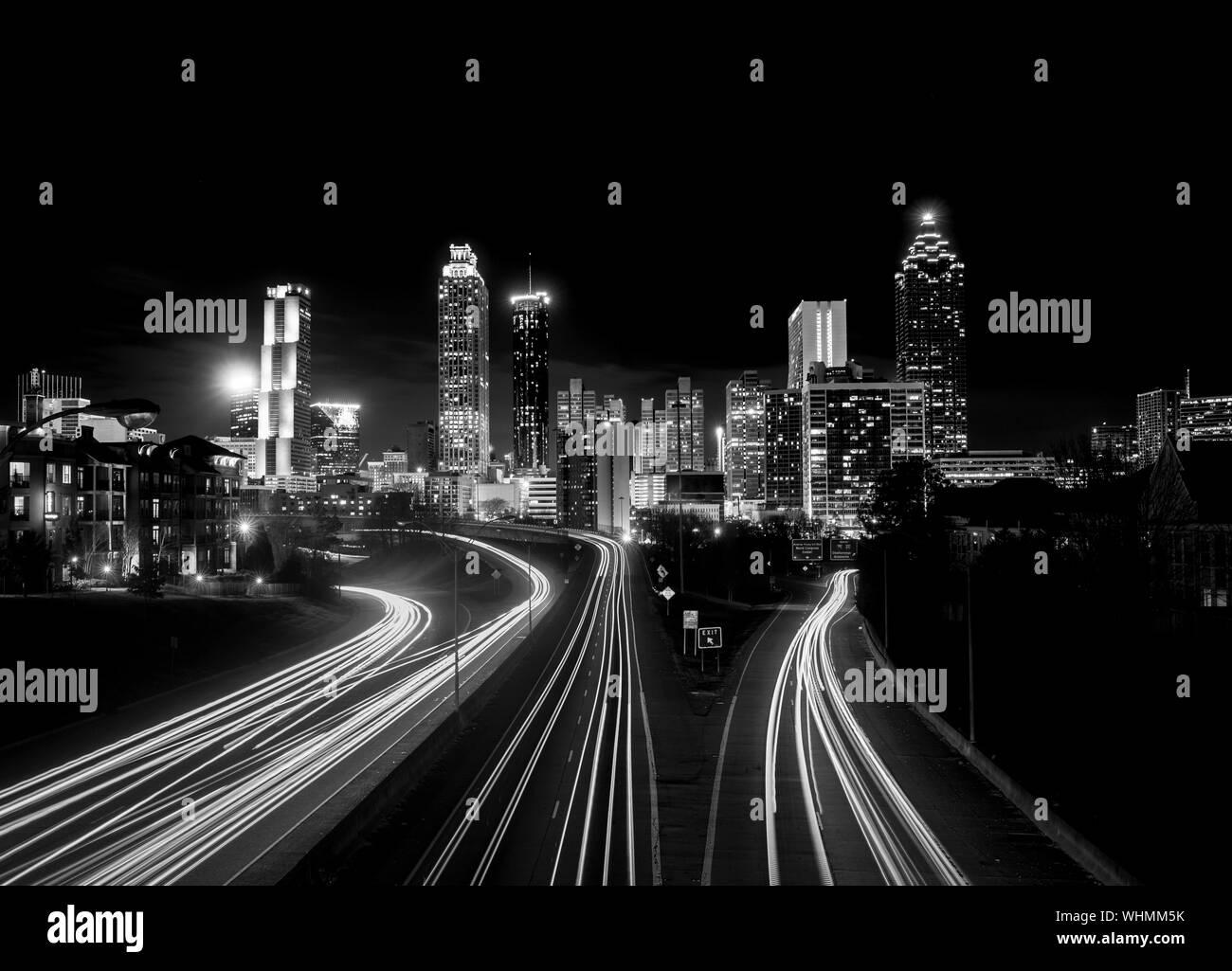 Atlanta Skyline at night, high contrast black and white with light trails Stock Photo