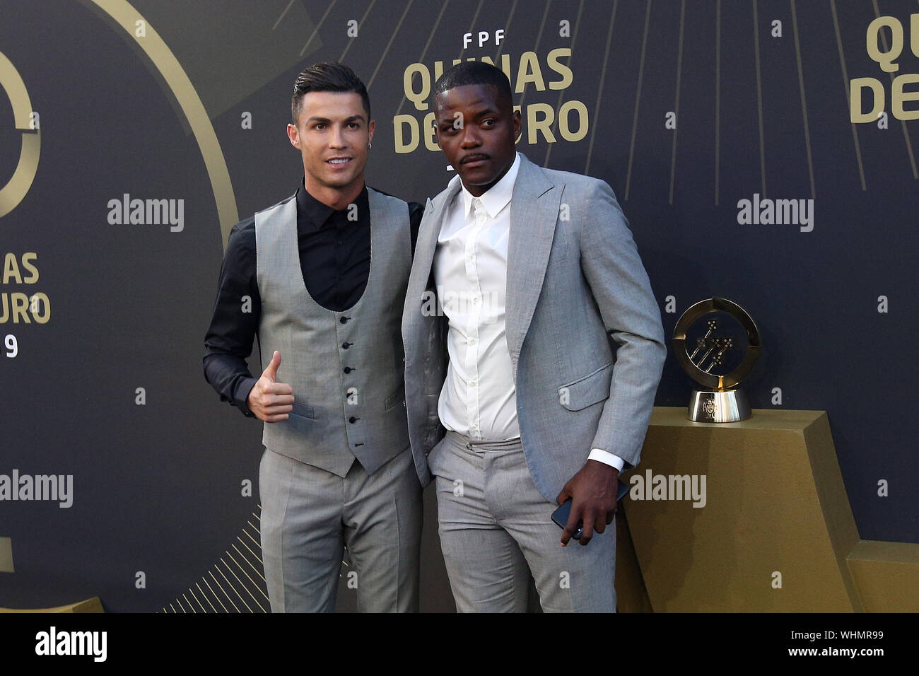 Lisbon, Portugal. 2nd Sep, 2019. Portugal's forward Cristiano Ronaldo (L) and Portugal's midfielder William de Carvalho arrive for the Portuguese Football Federation 'Quinas de Ouro 2019' awards ceremony at Carlos Lopes hall in Lisbon, Portugal, on Sept. 2, 2019. Credit: Pedro Fiuza/Xinhua Credit: Xinhua/Alamy Live News Stock Photo