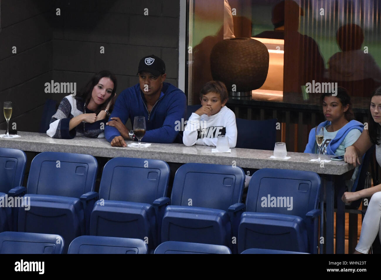 Queens, NY, USA. 02nd Sep, 2019. Tiger Woods seen with girlfriend Erica  Herman and his children Sam and Charlie watching Rafael Nadal Vs Marin  Cilic on Arthur Ashe Stadium at the USTA