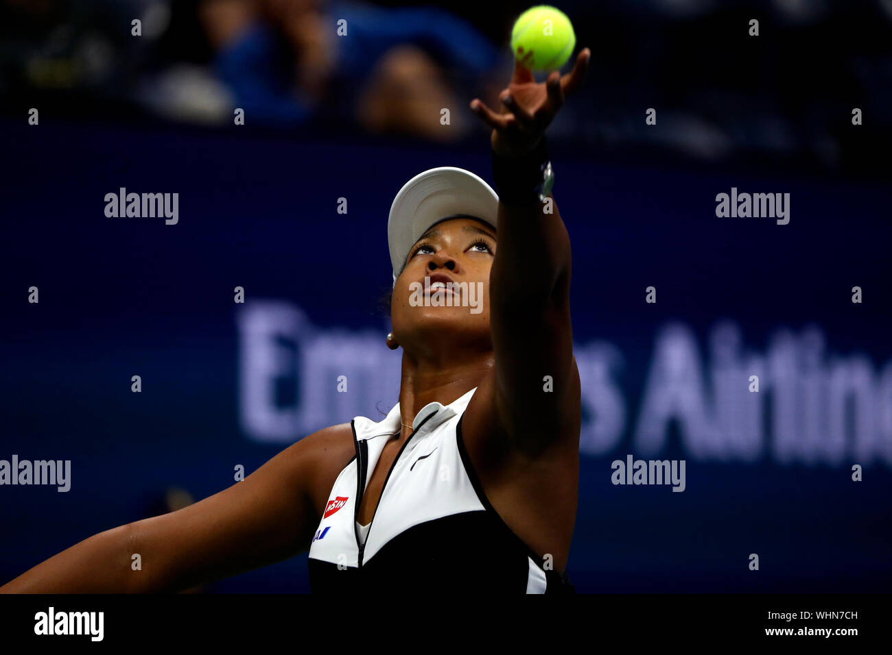 New York, United States. 02nd Sep, 2019. Flushing Meadows, New York, United States - September 2, 2019. Naomi Osaka serving to Belinda Becic of Switzerland in the fourth round at the US Open today. Osaka lost in straight sets as Becic scored an upset. Credit: Adam Stoltman/Alamy Live News Stock Photo