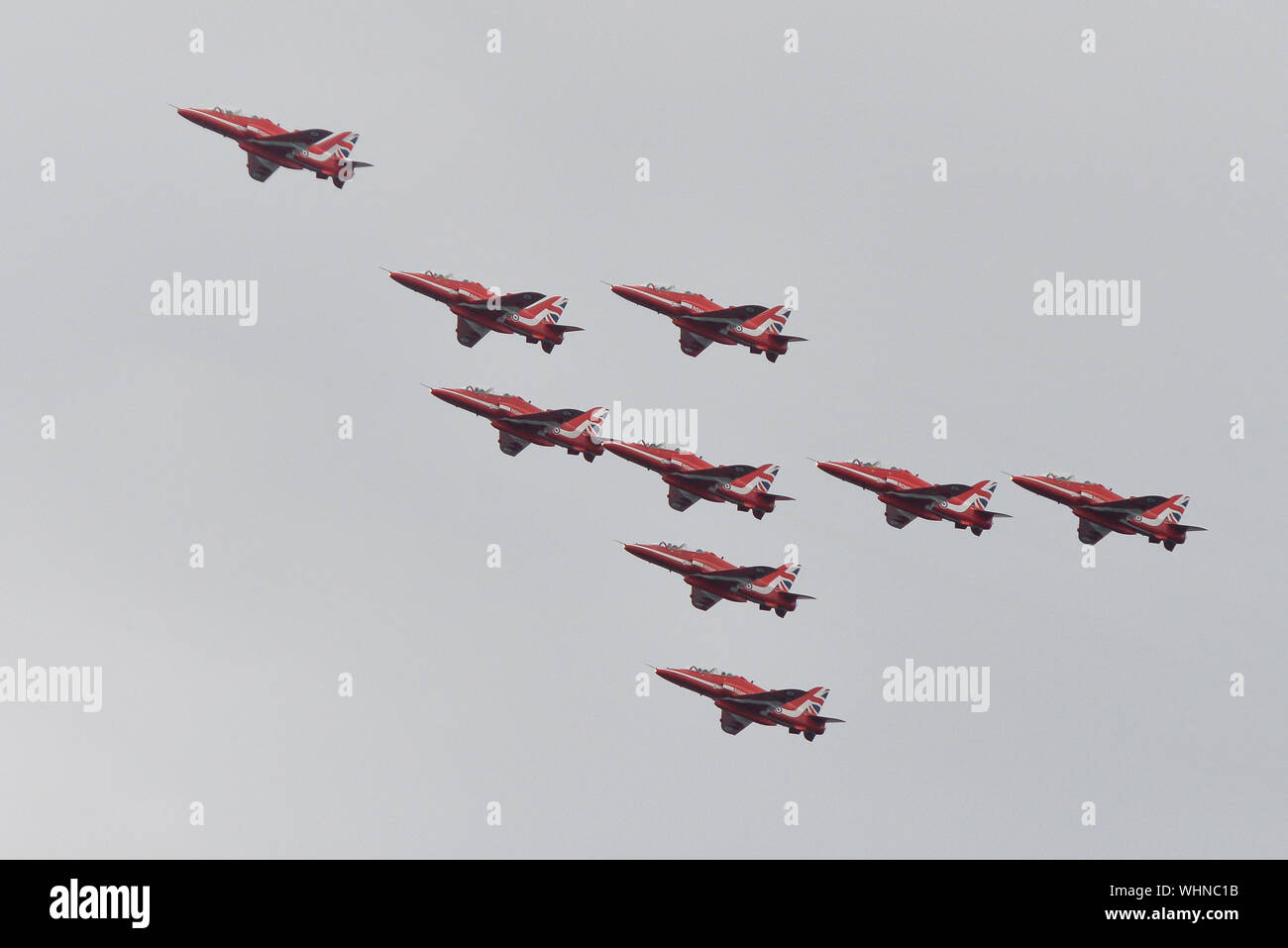Toronto, ON, Canada. 1st Sep, 2019. Hawk T1 jet operated by the British Royal Air Force's (RAF) Red Arrows aerobatic demonstration team perform a maneuver during the 70th annual Canadian International Air Show (CIAS) over Lake Ontario in Toronto. Credit: Anatoliy Cherkasov/SOPA Images/ZUMA Wire/Alamy Live News Stock Photo