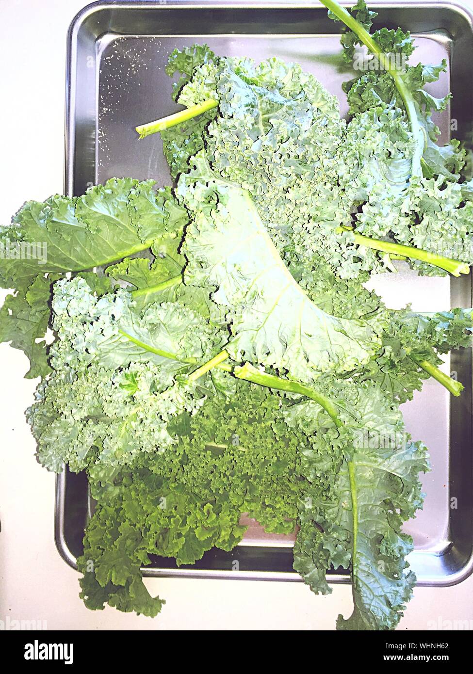 Directly Above View Of Fresh Green Kale In Tray Stock Photo
