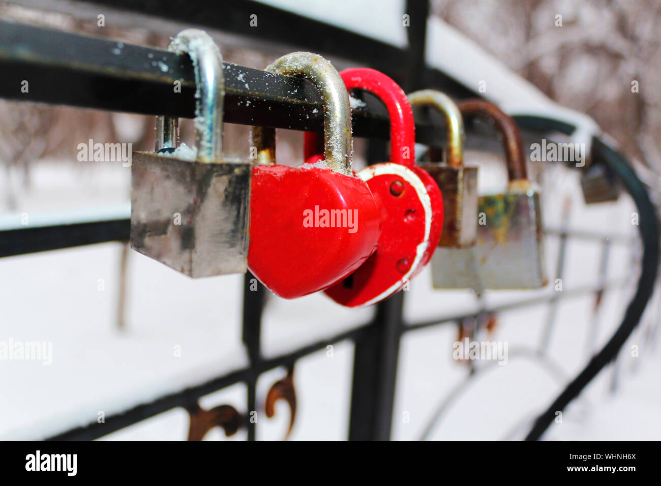relationship, lock in shape of heart on the bridge on a wedding ...
