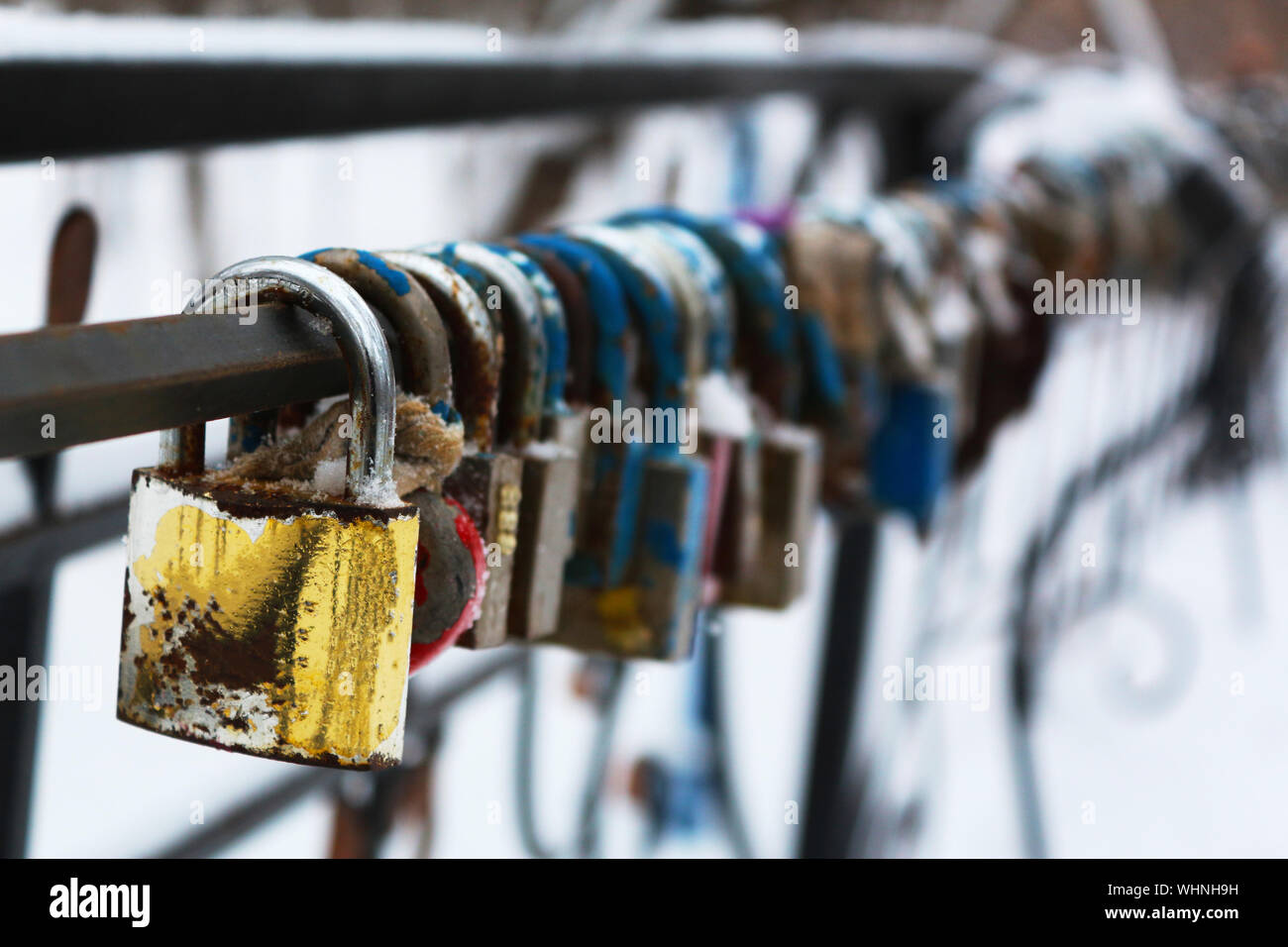 relationship, lock in shape of heart on the bridge on a wedding