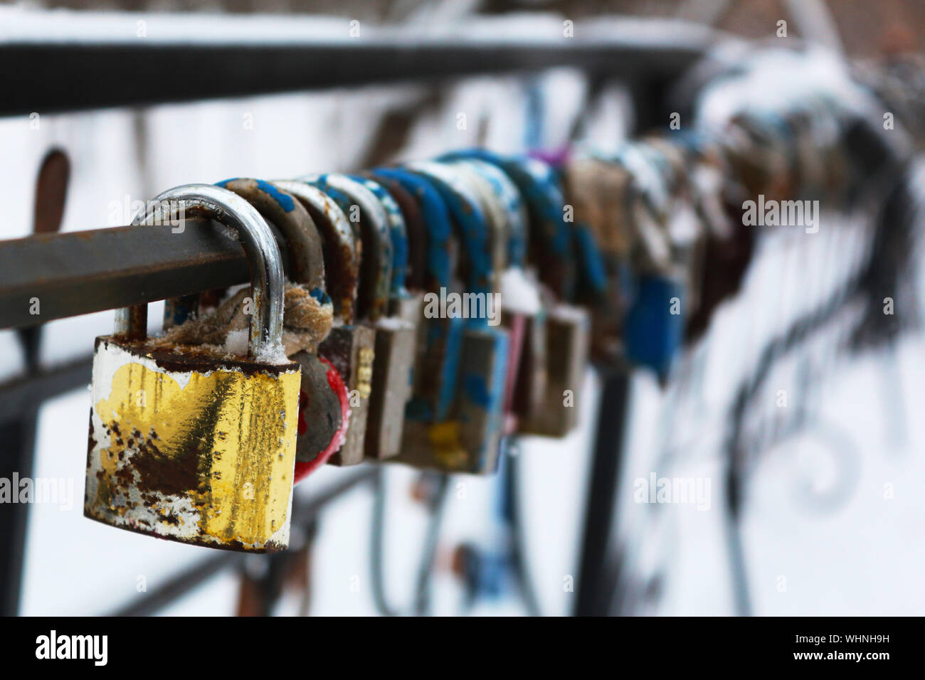 relationship, lock in shape of heart on the bridge on a wedding tradition, wallpaper Stock Photo