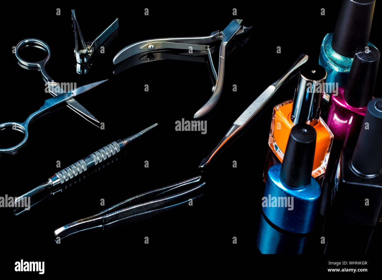 Manicure and pedicure tools on black background, isolated. Equipment for  beauty shop, cosmetic salon or beauty parlour. Manicure tools in the beauty  s Stock Photo - Alamy
