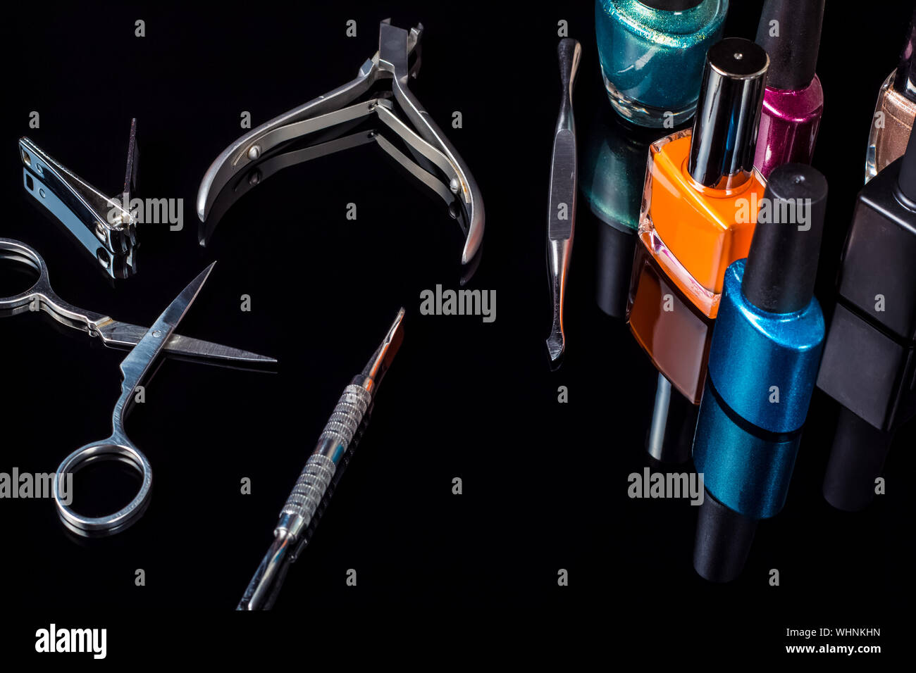 Manicure and pedicure tools on black background, isolated. Equipment for  beauty shop, cosmetic salon or beauty parlour. Manicure tools in the beauty  s Stock Photo - Alamy
