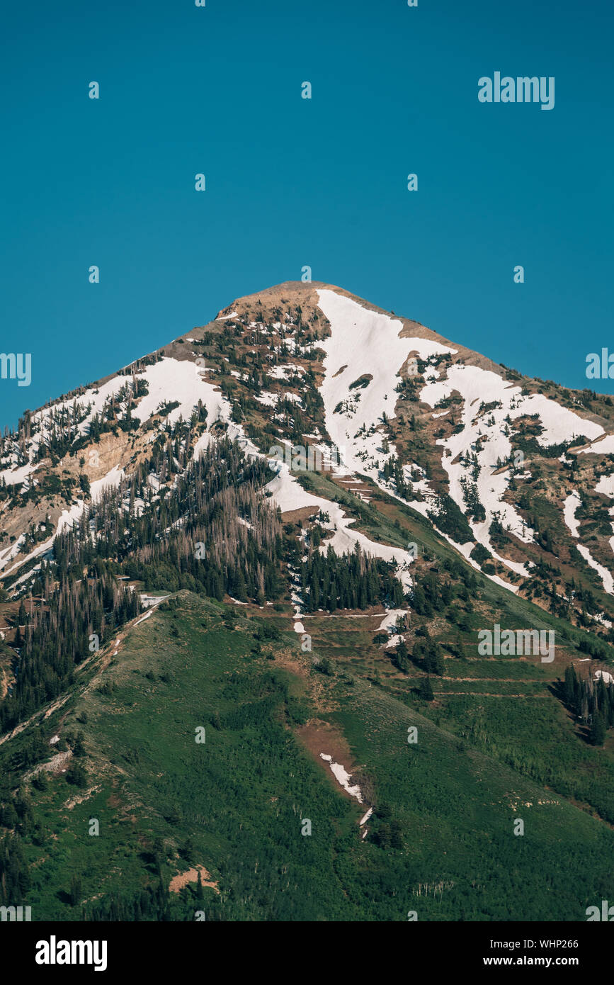 View of a snow covered mountain in the Wasatch Range, in Provo, Utah Stock Photo