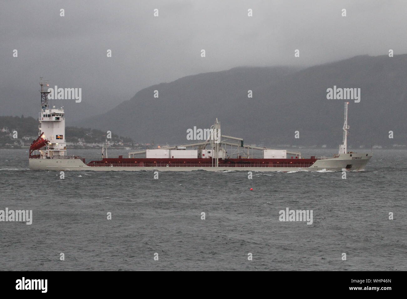 Cemisle, a cement carrier vessel, passing Cloch Point, Gourock, on the Firth of Clyde. Stock Photo
