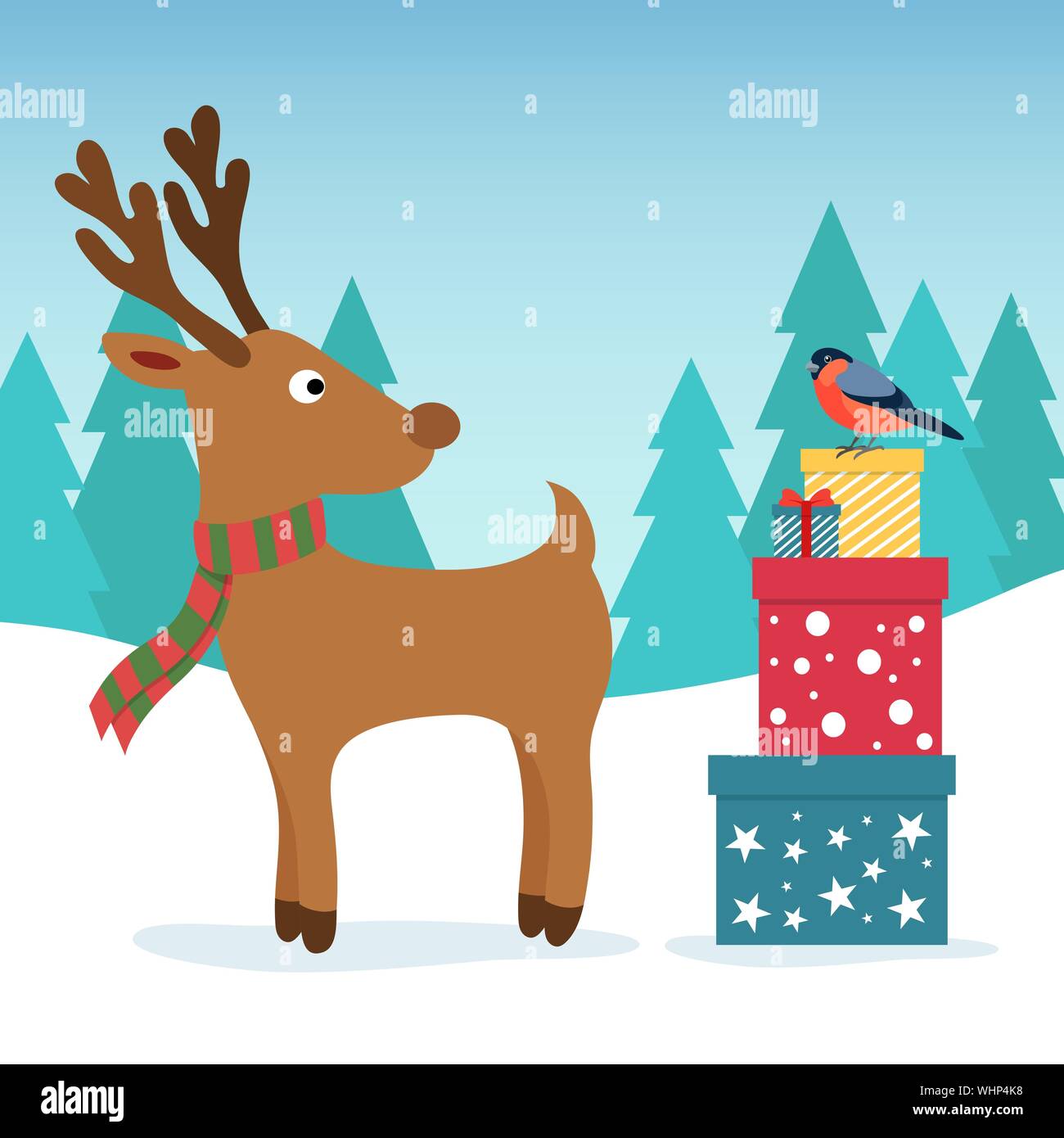 Winter christmas illustration. Funny deer and bullfinch with gift colored boxes. Christmas and New Year design greeting cards Stock Vector