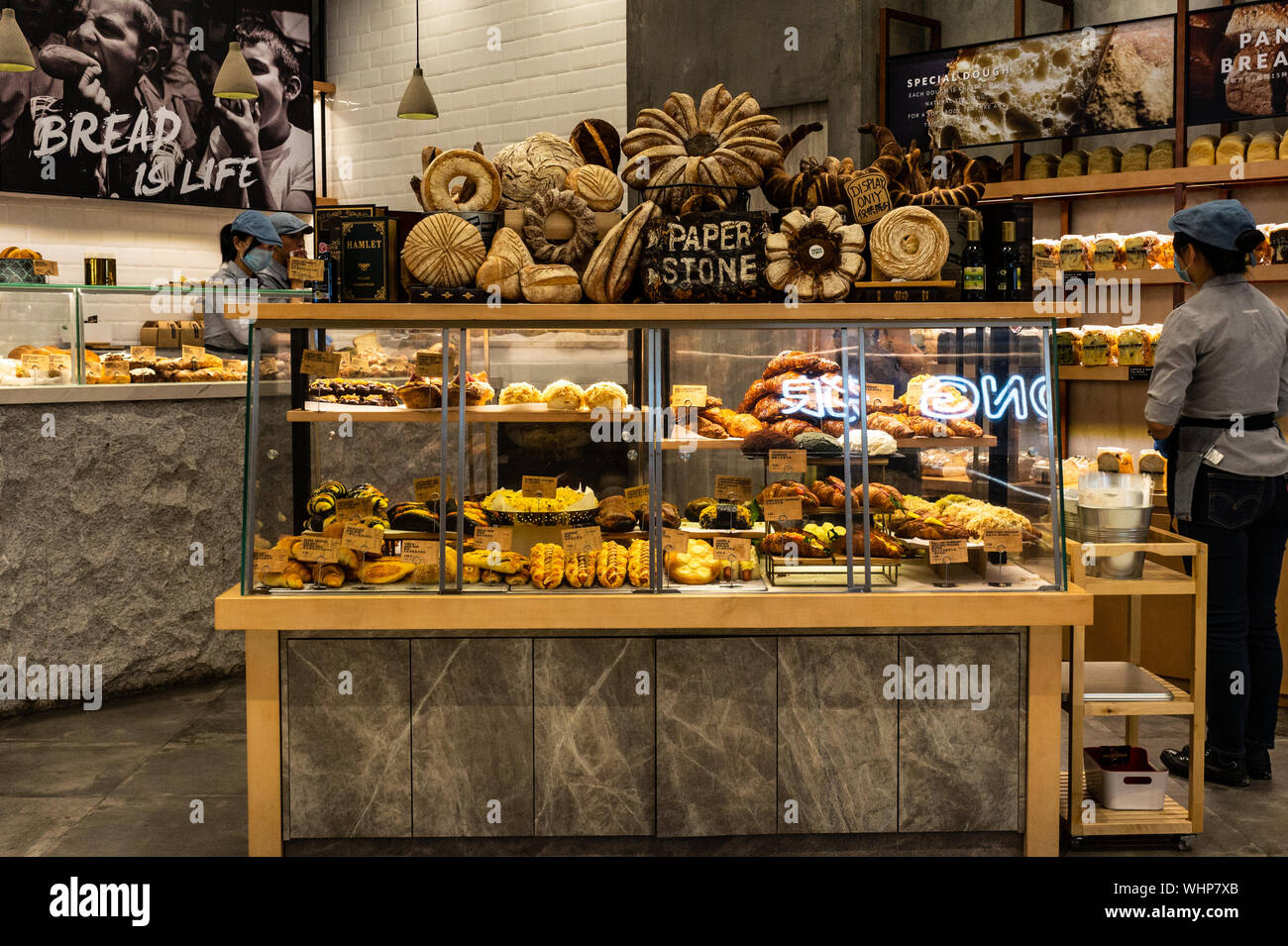 Bread store retail with sample bread display in Shenzhen, China Stock