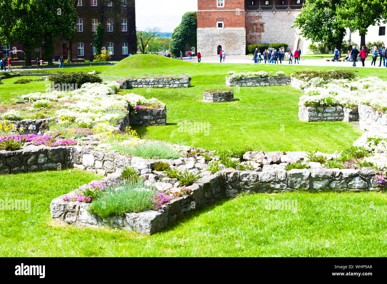 Stone blocks in the gardens at Wawel Hill castle in Krakow, Poland Stock Photo