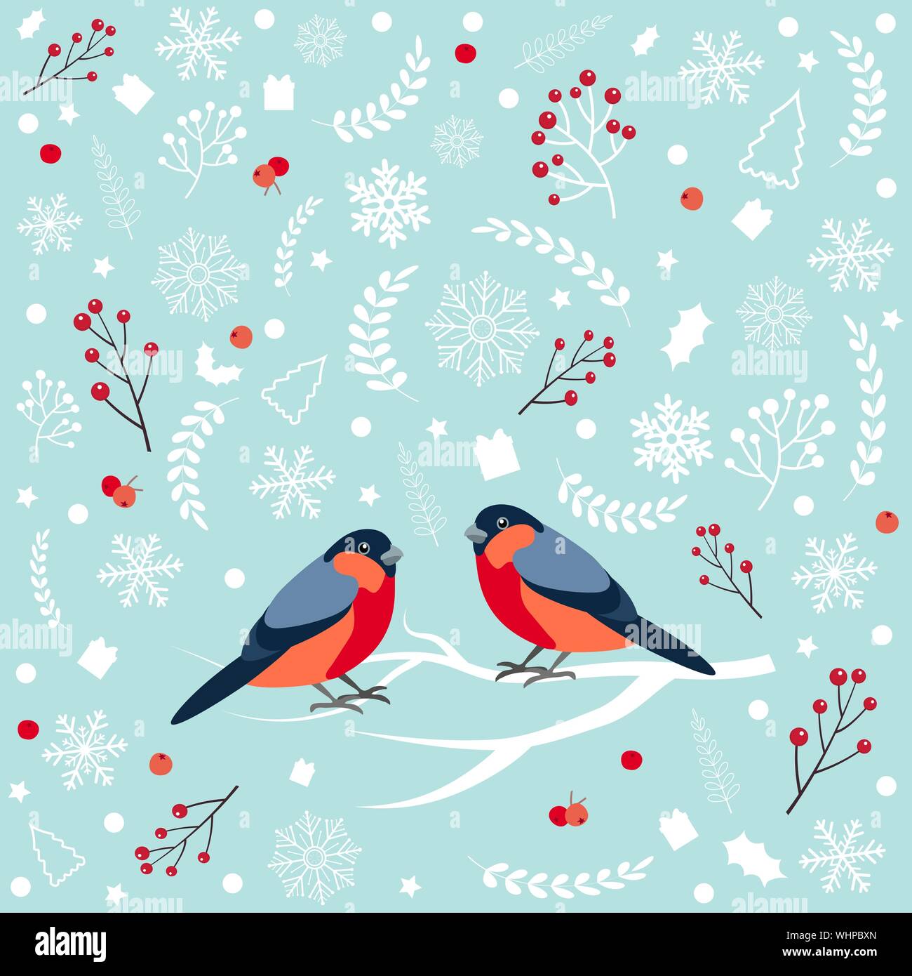Seamless pattern with bullfinch sitting on snow-covered branch of mountain ash. Christmas and New Year design greeting cards. Vector illustration. Stock Vector