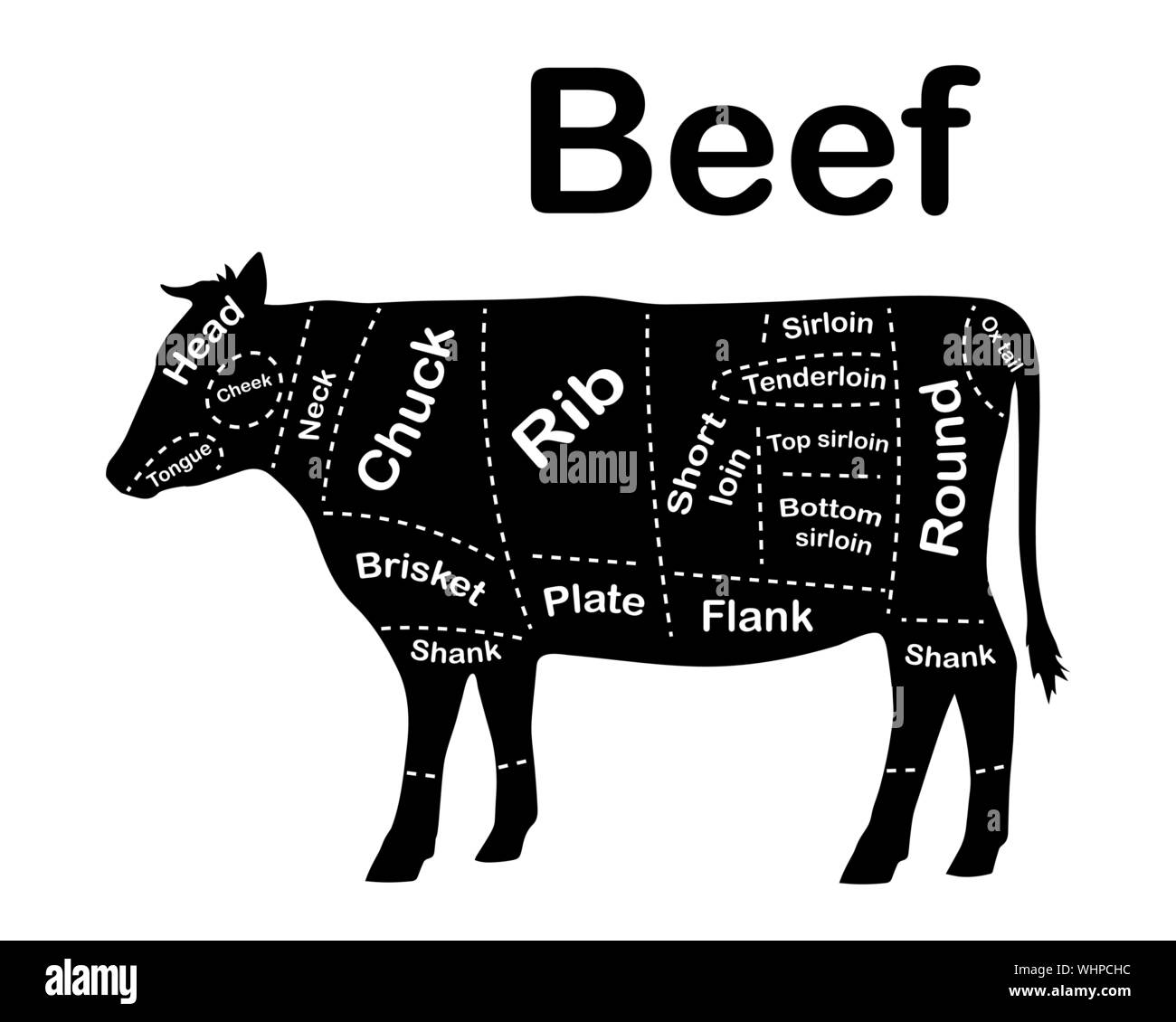 Meat cuts - beef. Diagrams for butcher shop. Scheme of beef. Animal silhouette beef. Guide for cutting. Vector illustration. Stock Vector