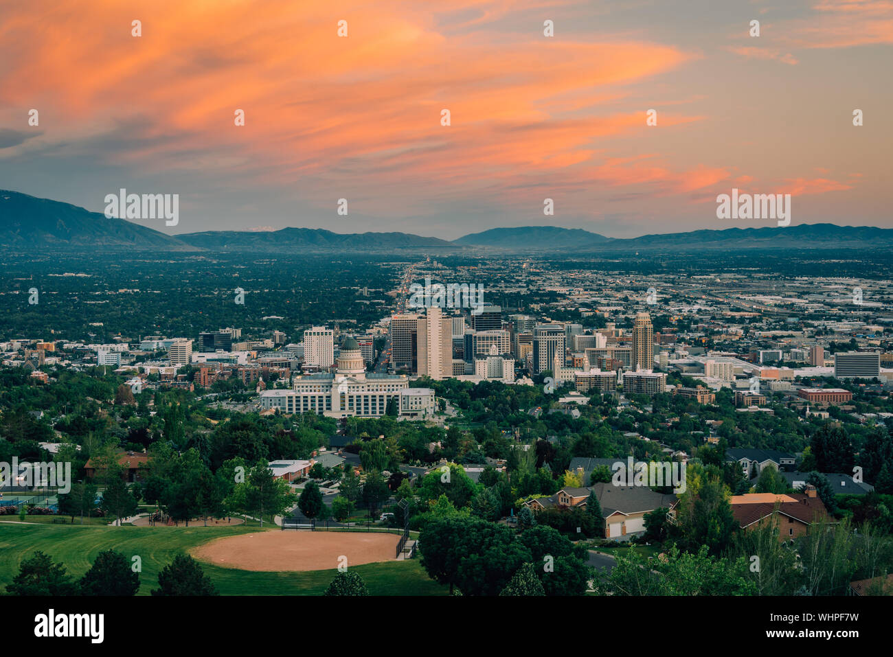 View of downtown at sunset, from Ensign Peak, in Salt Lake City, Utah Stock Photo