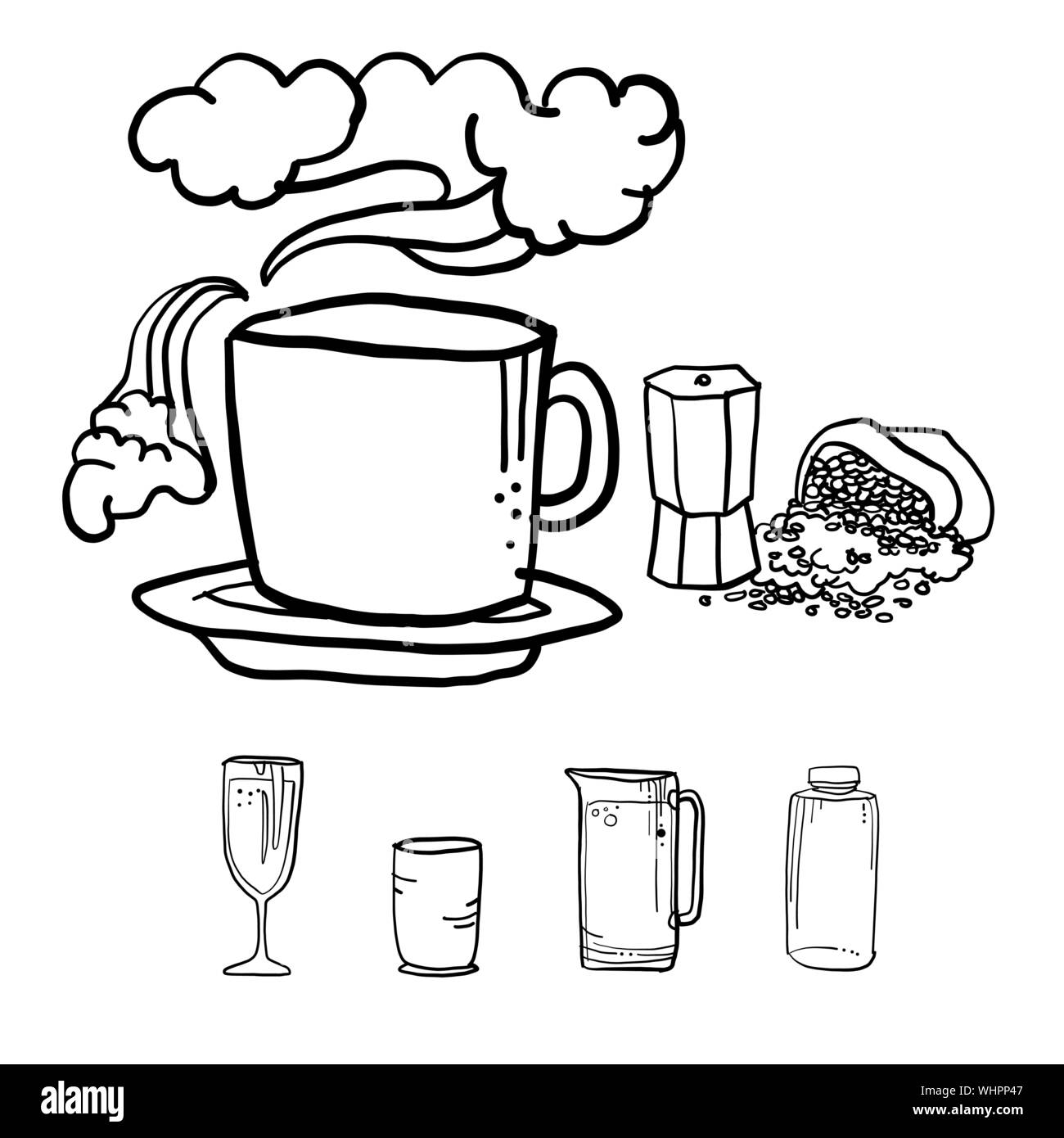 Coffee cup with kitchenware, drawing vector in doodle style Stock Vector