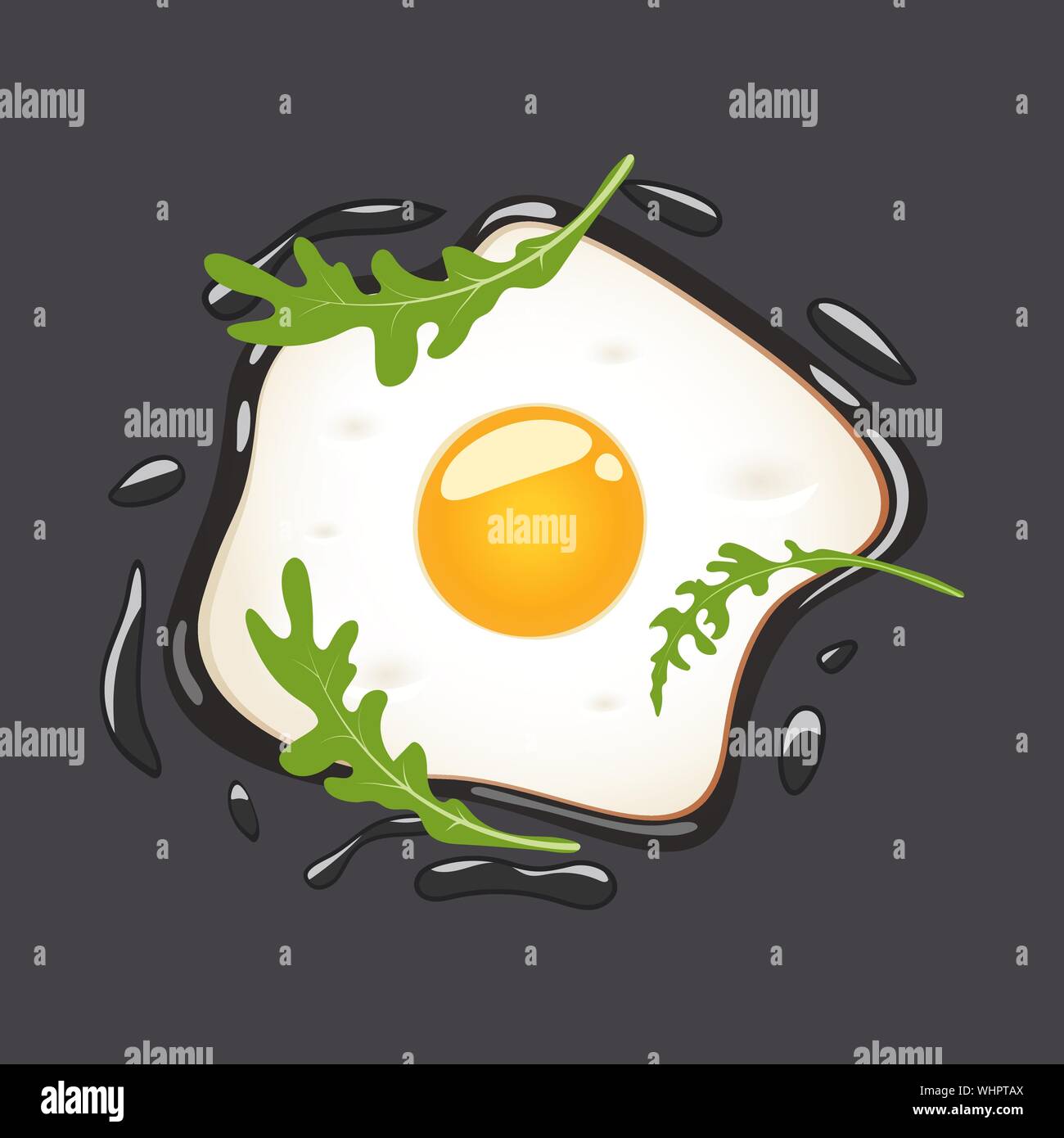 Fried eggs with arugula, isolated on grey background. Vector illustration. Stock Vector