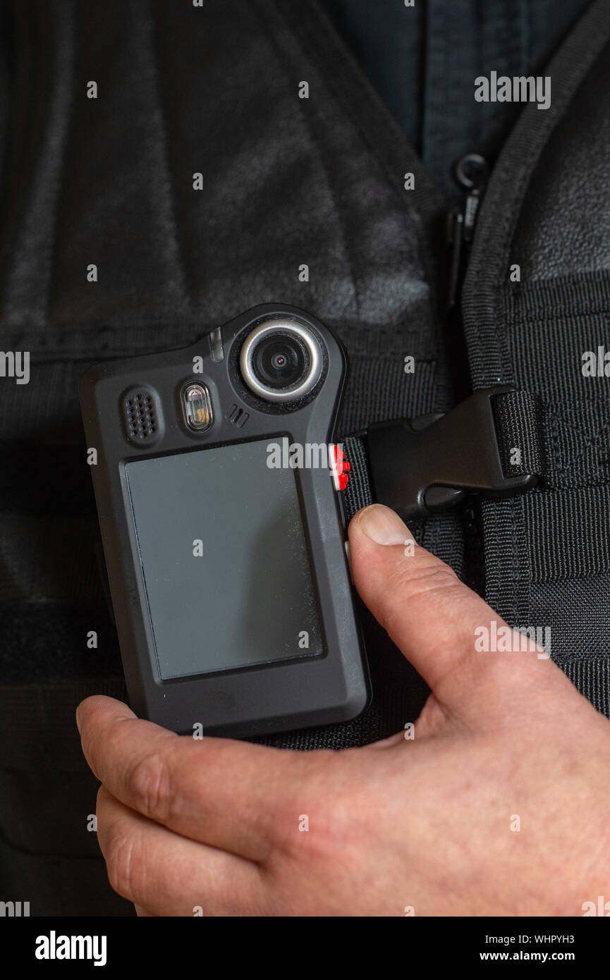 Blankenburg, Germany. 02nd Sep, 2019. A body camera of the manufacturer  "NetCo" is attached to an insert vest. The Harz company has 50 employees  and produces body cameras and the software with