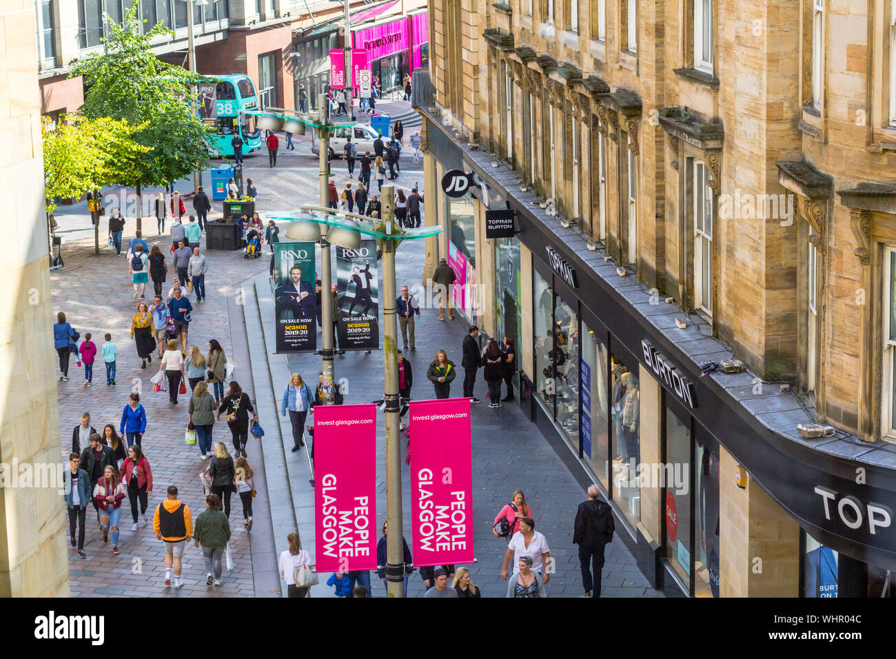 Glasgow, Scotland, August, 31, 2019. People walking in the Buchanan and Sauchiehall Street, view from above. Stock Photo