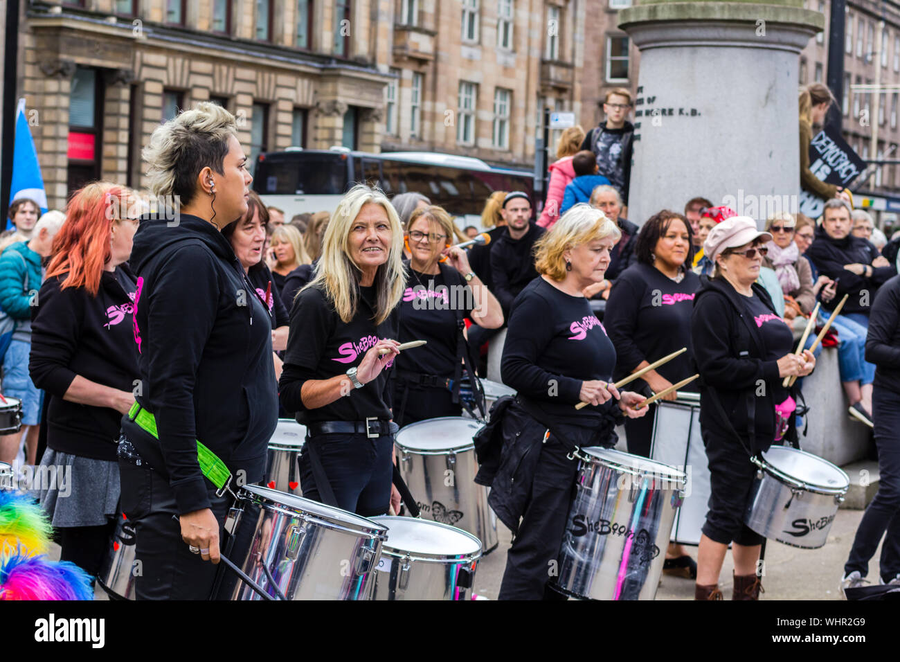 Glasgow, Scotland, August, 31, 2019. 'Stop the coup': Protests in Glasgow, George Square. Female group of drummers called Sheboom. Stock Photo