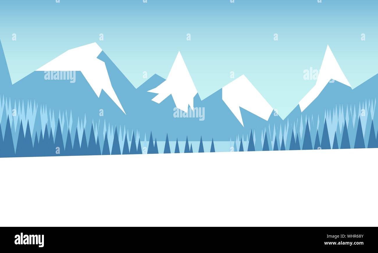 Winter mountain landscape with forest and snow-covered field. Vector ...