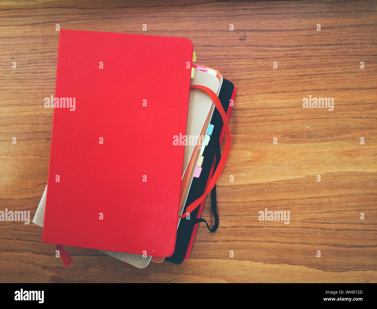 High Angle View Of Diaries On Wooden Table Stock Photo