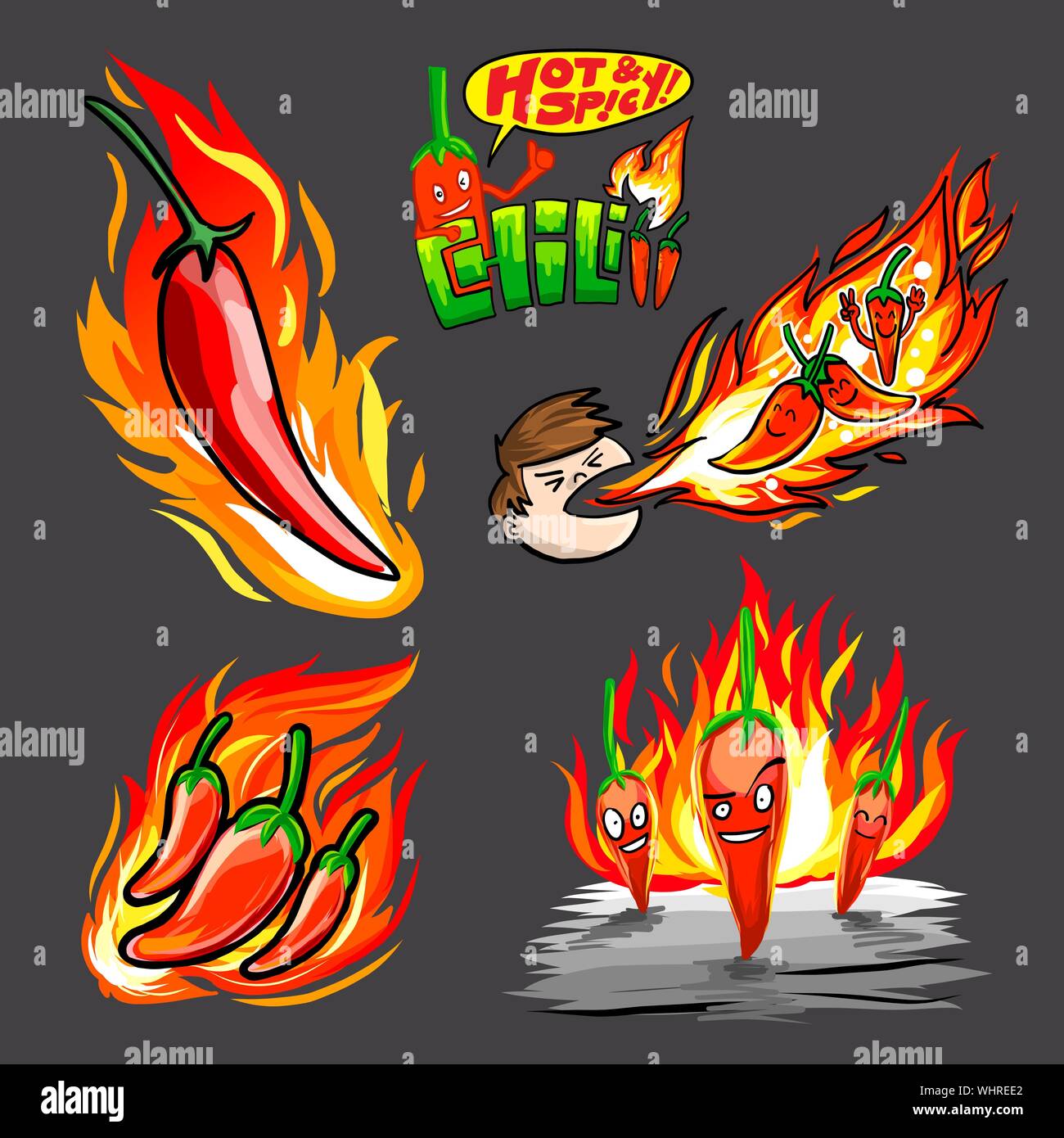A set of vector drawing chili peppers with flame Stock Vector