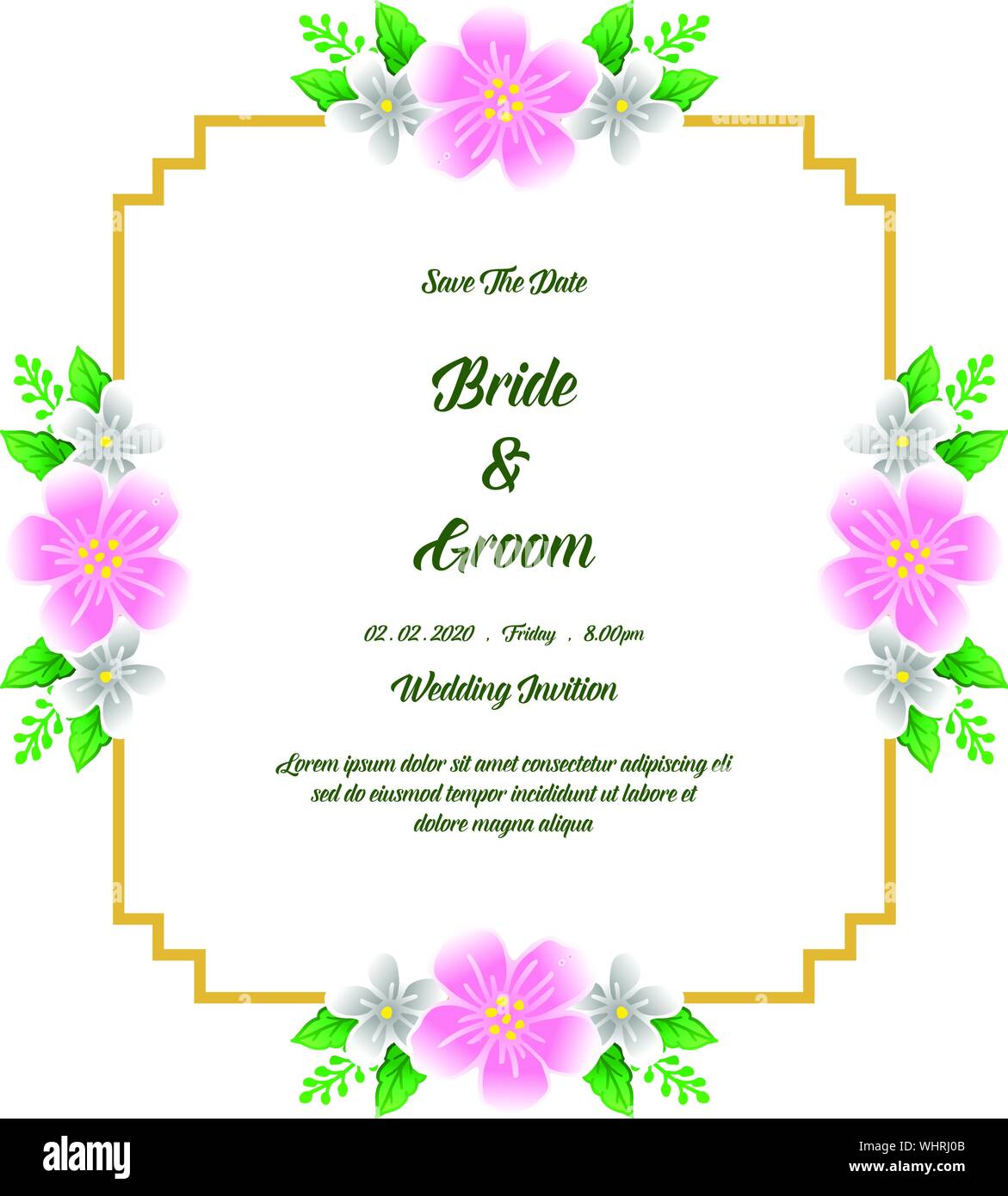 Weding Text Frame Bride and groom handwritten text, with beauty of colorful wreath frame ...