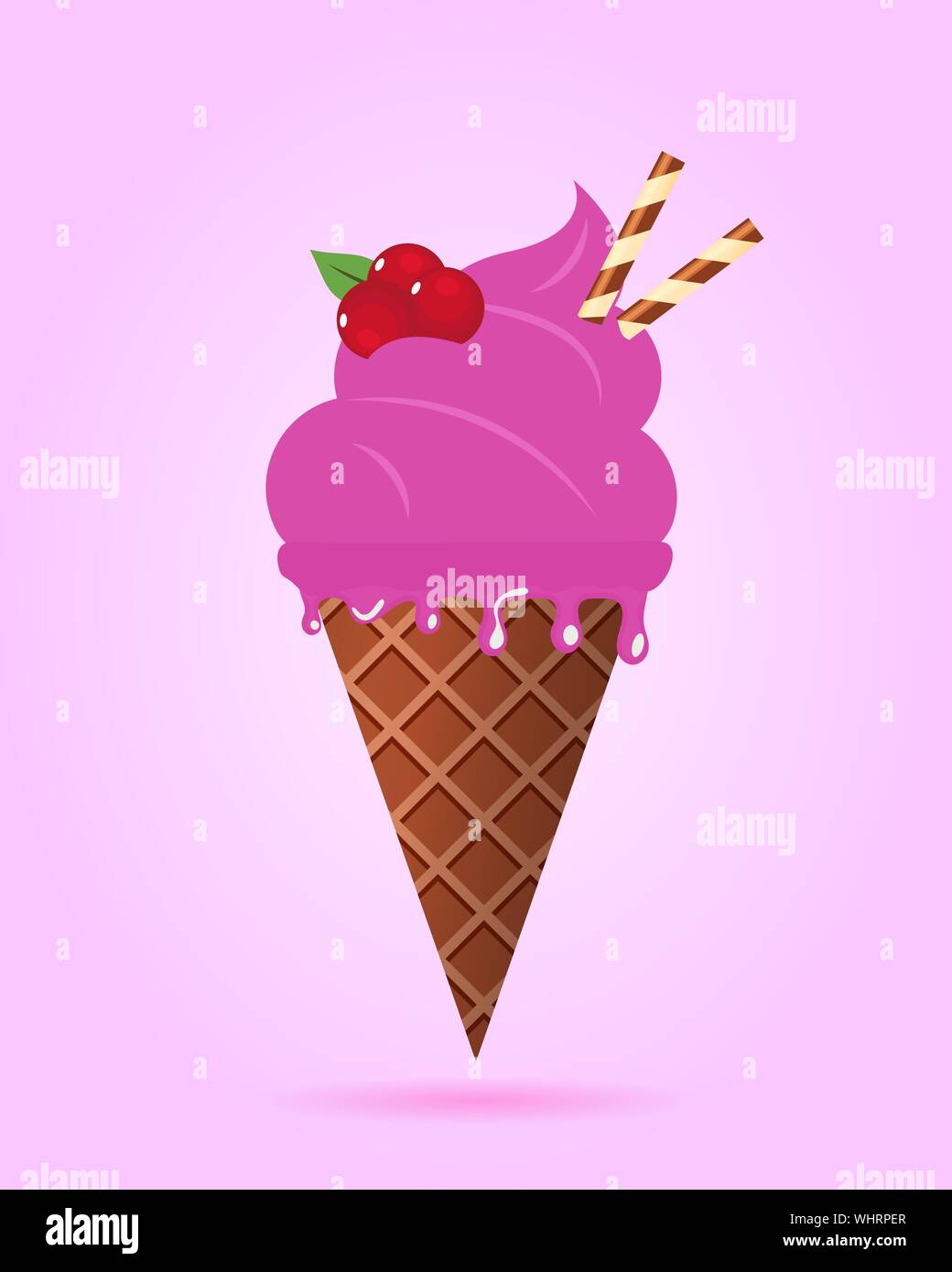 Ice cream in waffle cone, dairy product. Ice cream scoop image in flat