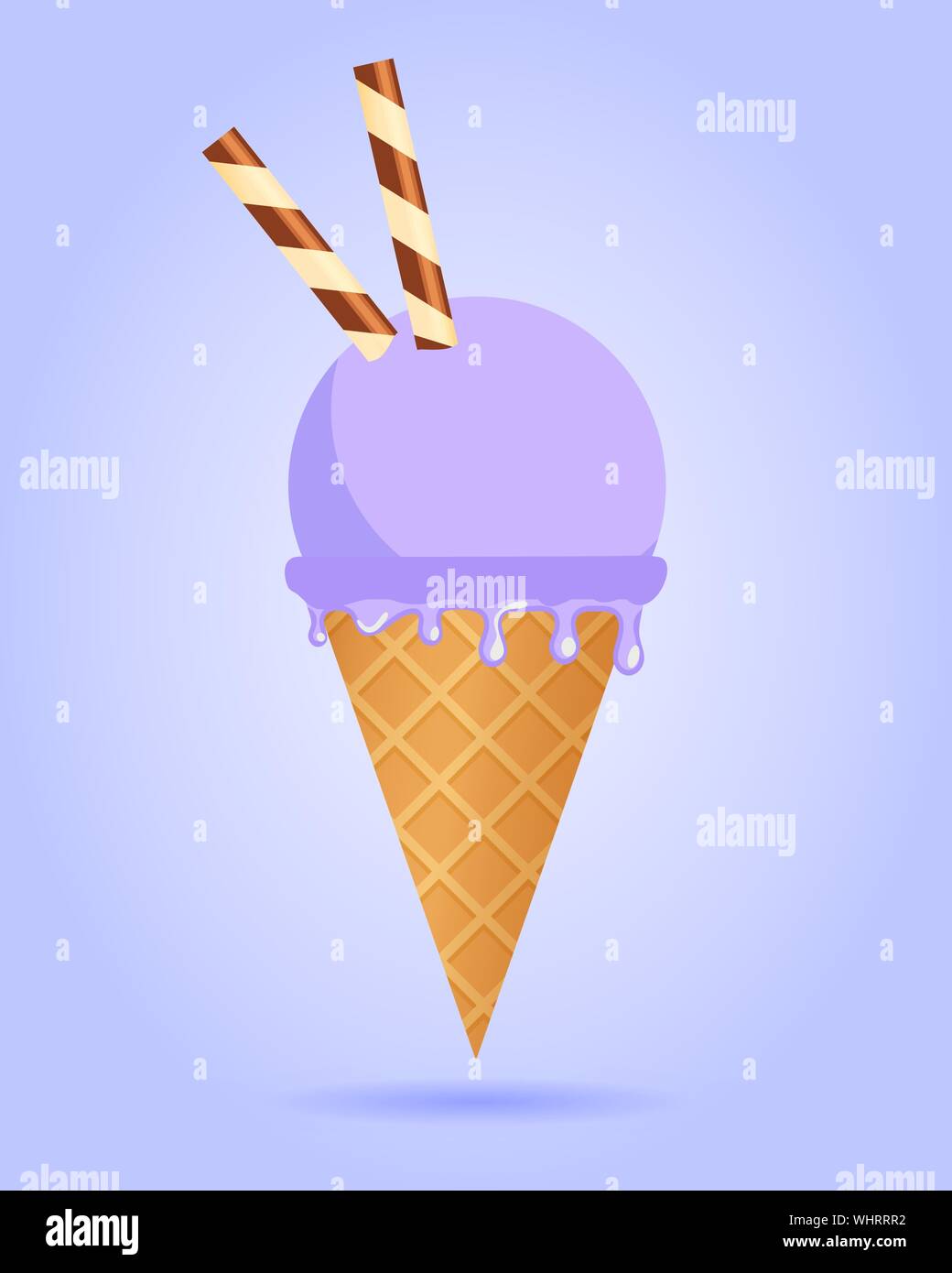 Blackberry ice cream with wafer rolls in waffle cone, dairy product