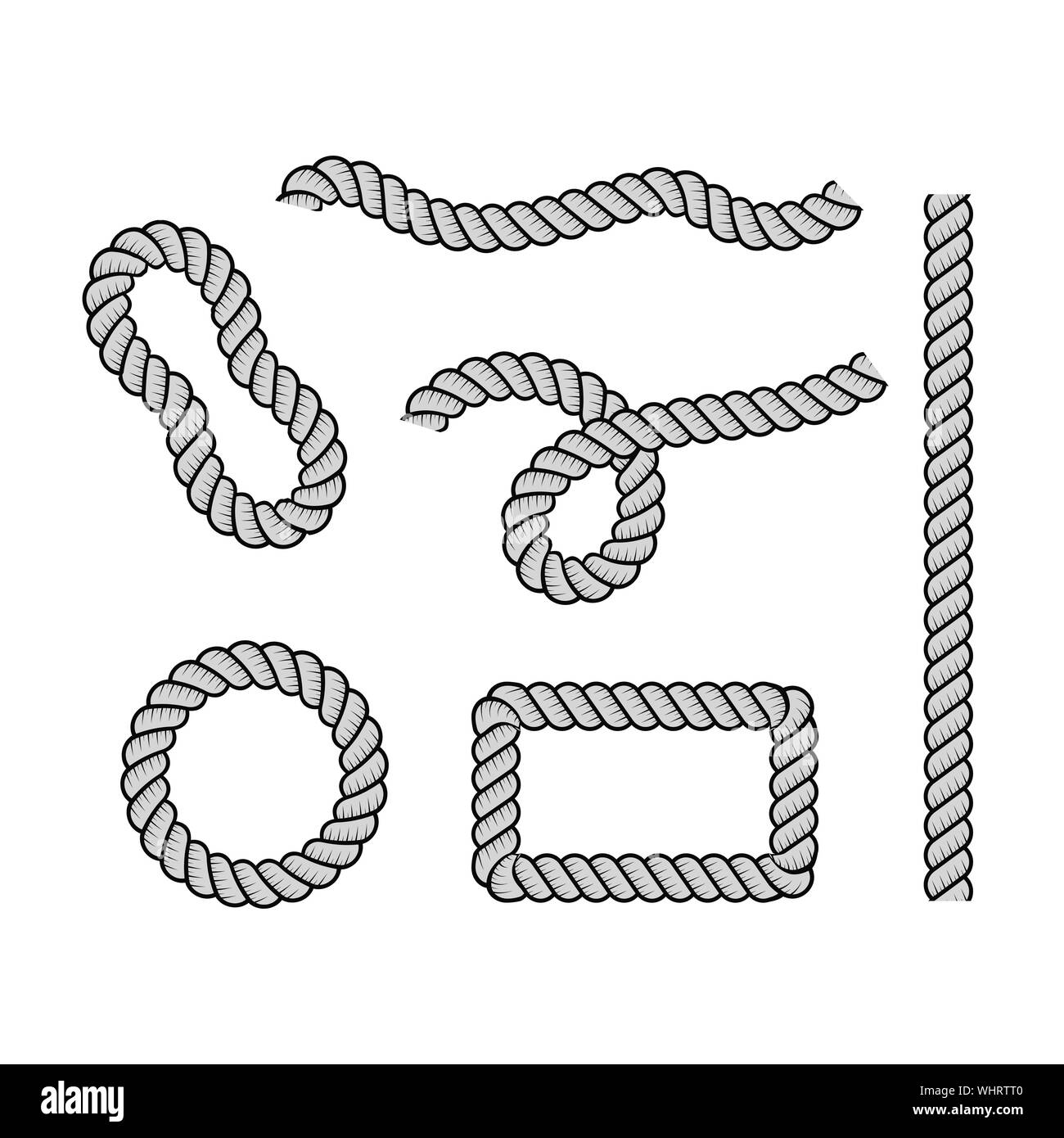 Rope knots borders line set design element different types. vector