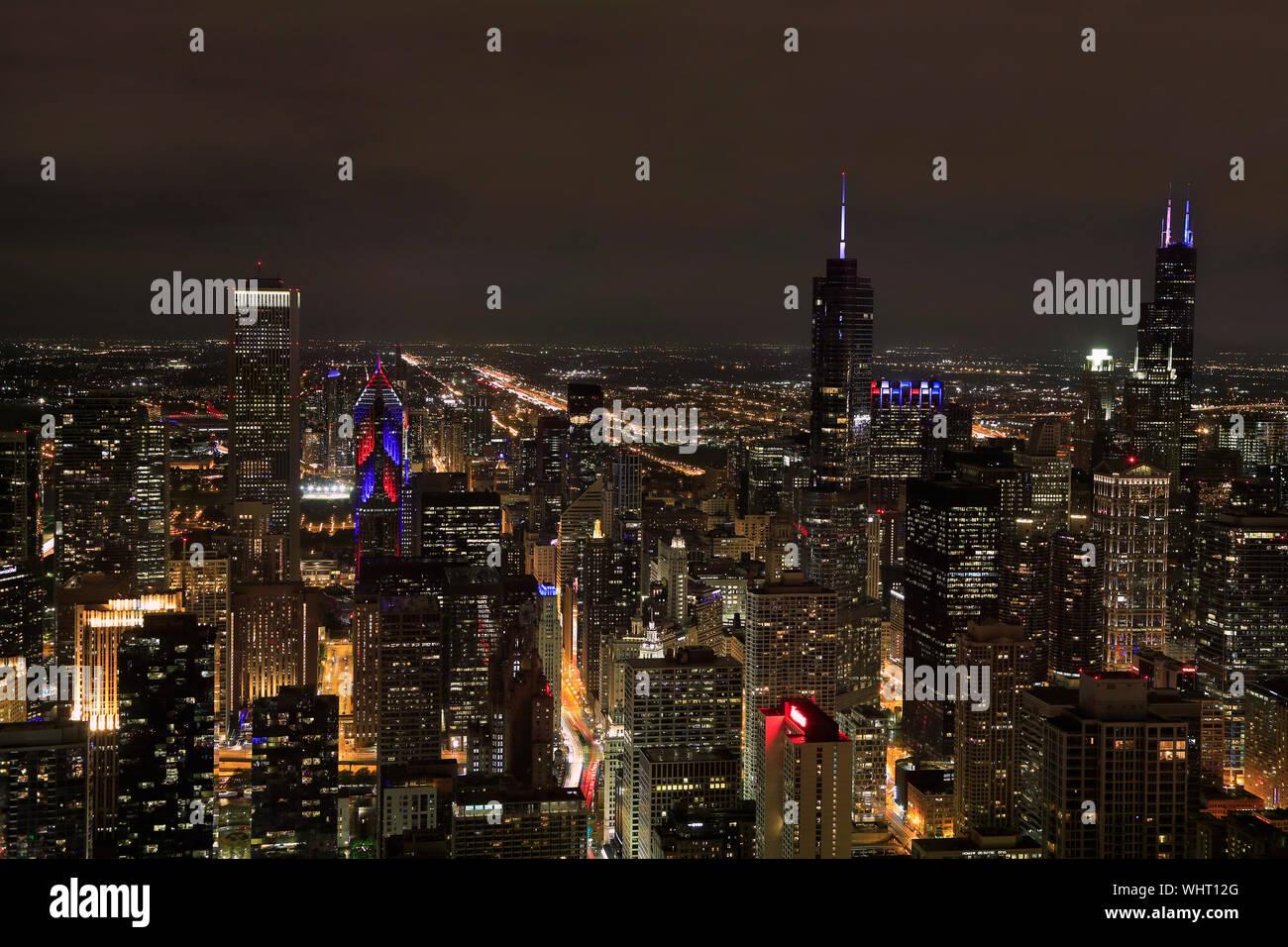 Aerial view of Chicago skyline at night Stock Photo