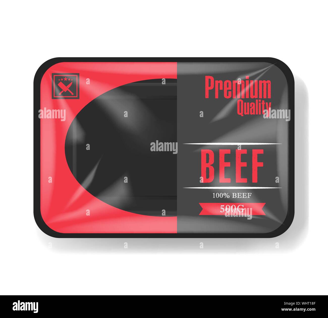 Beef meat packaging. Plastic tray container with cellophane cover. Mockup template for your