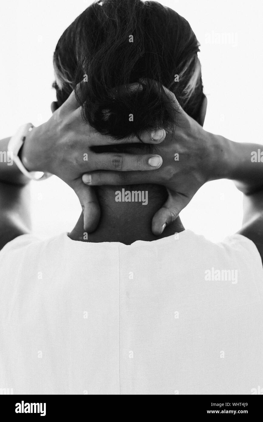 Woman head hands rear view Black and White Stock Photos & Images - Alamy
